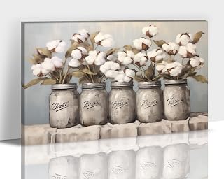 Flower Bathroom Wall Art, Rustic Mason Jar & Floral Nature Canvas Painting Pictures for Bedroom Decor, Framed Inspirational Elegance Wildflower Prints Posters for Living Room Artwork 12x18 Inches