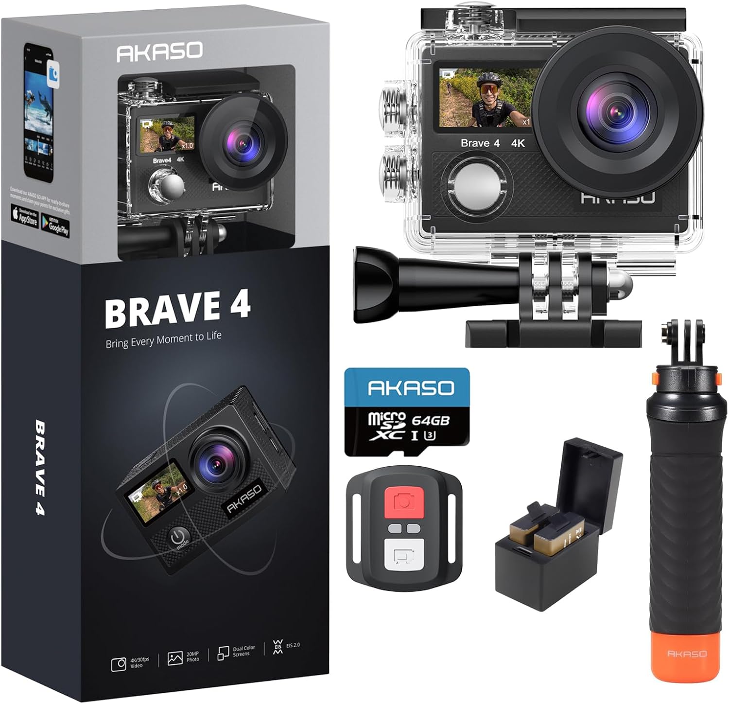 AKASO Brave 4 Action Camera with 64GB U3 SD Card and Waterproof Floating Hand Grip