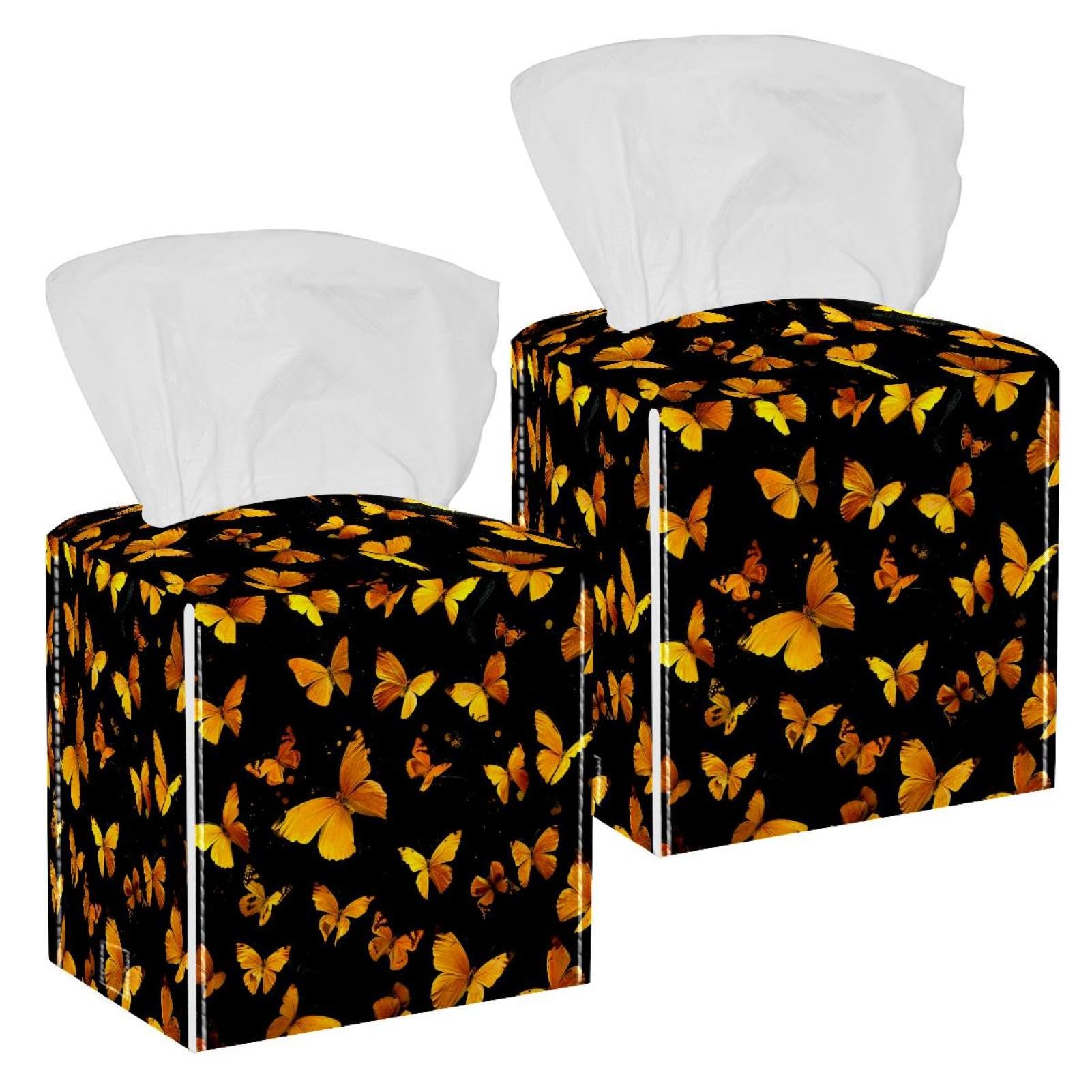 Golden Butterflies Pattern Tissue Box Cover, 2 Pack PU Leather Square Facial Tissue Dispenser Box holder for Home Office Car