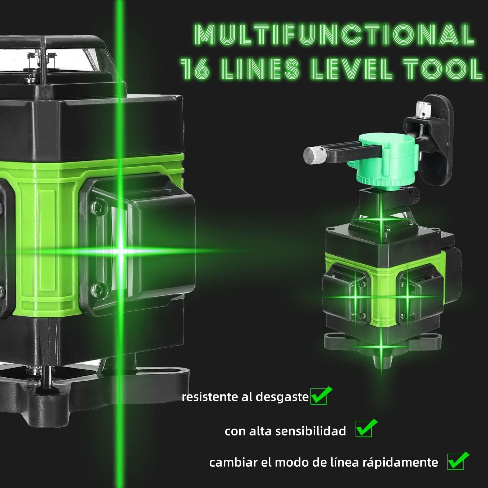 Geevorks Nivel Laser Nivel Láser Autonivelante 4 x 360,4D 16 Líneas Verde Profesional,Base Magnética Giratoria 360°,2 Batería,Control Remoto y por Móvil