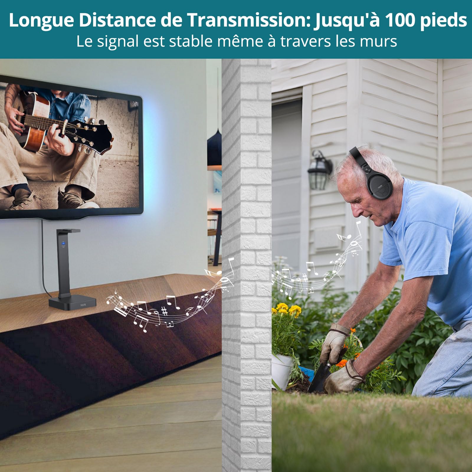 Casque sans Fil pour Télévision avec Station de Charge Émetteur RF 2,4 GHz Casque Supra-auriculaire avec Câble Optique à 3.5mm, Portée de 30 mètres et Batterie Rechargeable