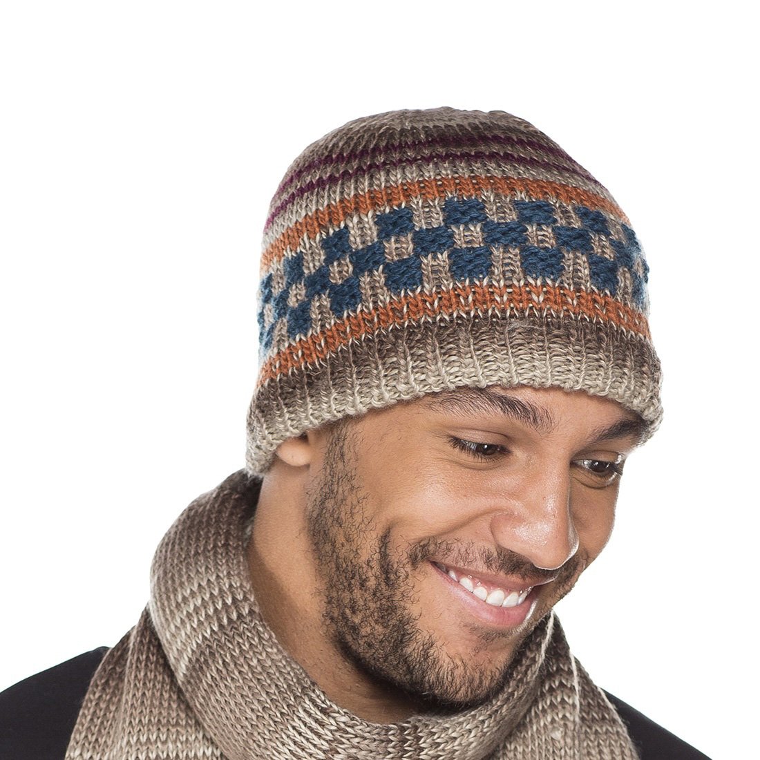 I-Smalls Men's Block (Hat) Knit Block Pattern Fleece Lined Warm Beanie Hat & Scarf (Hat)