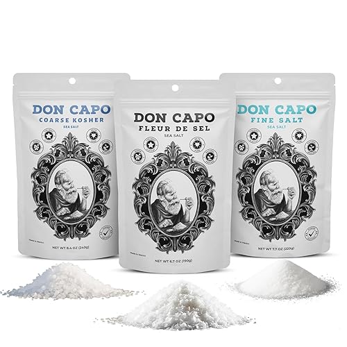 Don Capo Paquete variado de sal marina  Flor de sal gourmet, Kosher fina y gruesa  pura, sin refinar y cosechada naturalmente  Perfecto para