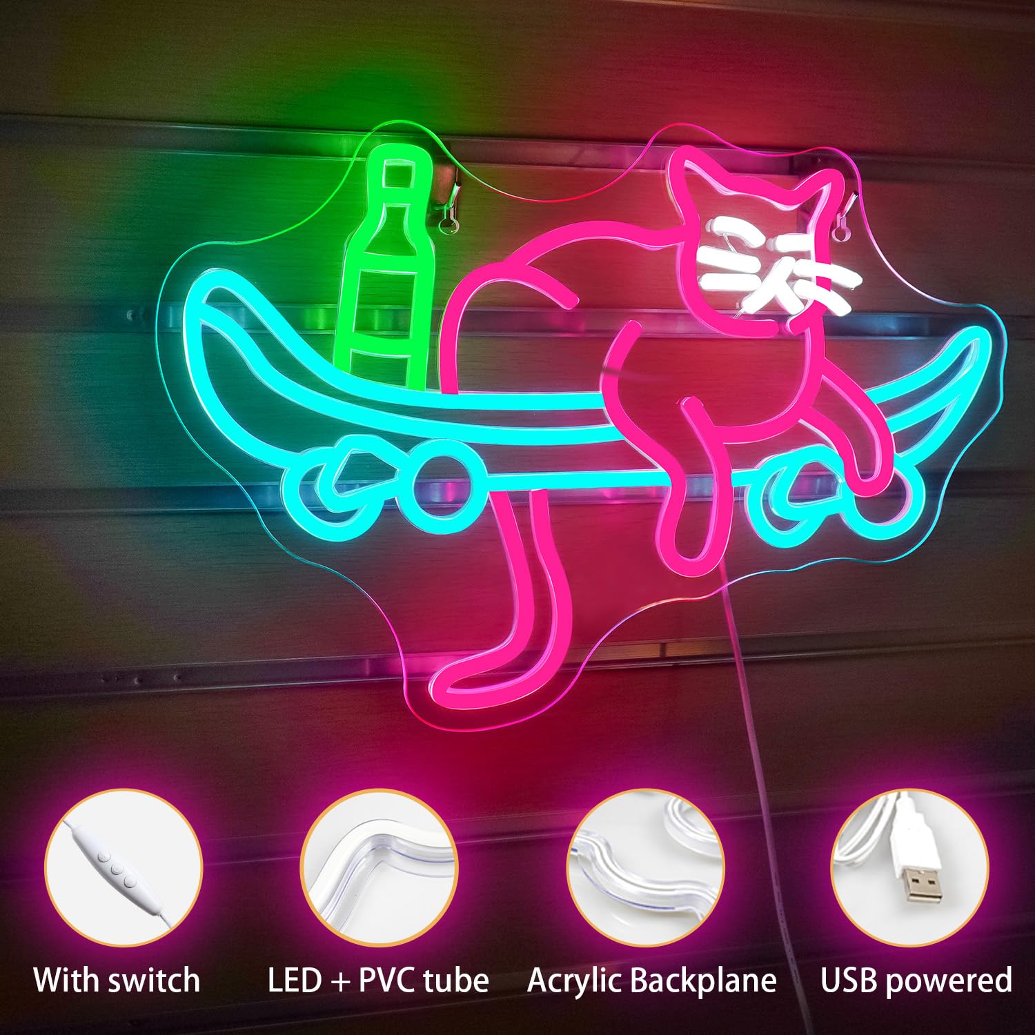 Horseneon Drinking Skateboard Cat Neon Light Sign Skateboard Cat Neon Sign Drink Cats Neon Light USB Dimmer Light Sign Led Neons Sign Wall Light Kids Room Living Room Bar - Image 4