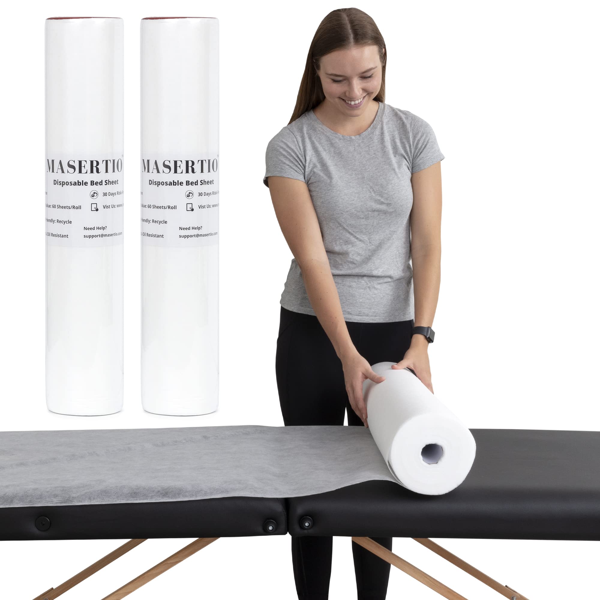 MASERTIO Disposable Massage Bed Cover - 60 Sheets Per Roll, Non-woven Polypropylene Material - Ideal for Spa, Massage, Tattoo, Waxing Table - No Crinkle Rectangular Sheets - 31.5 x 71 Inches (2 Rolls)