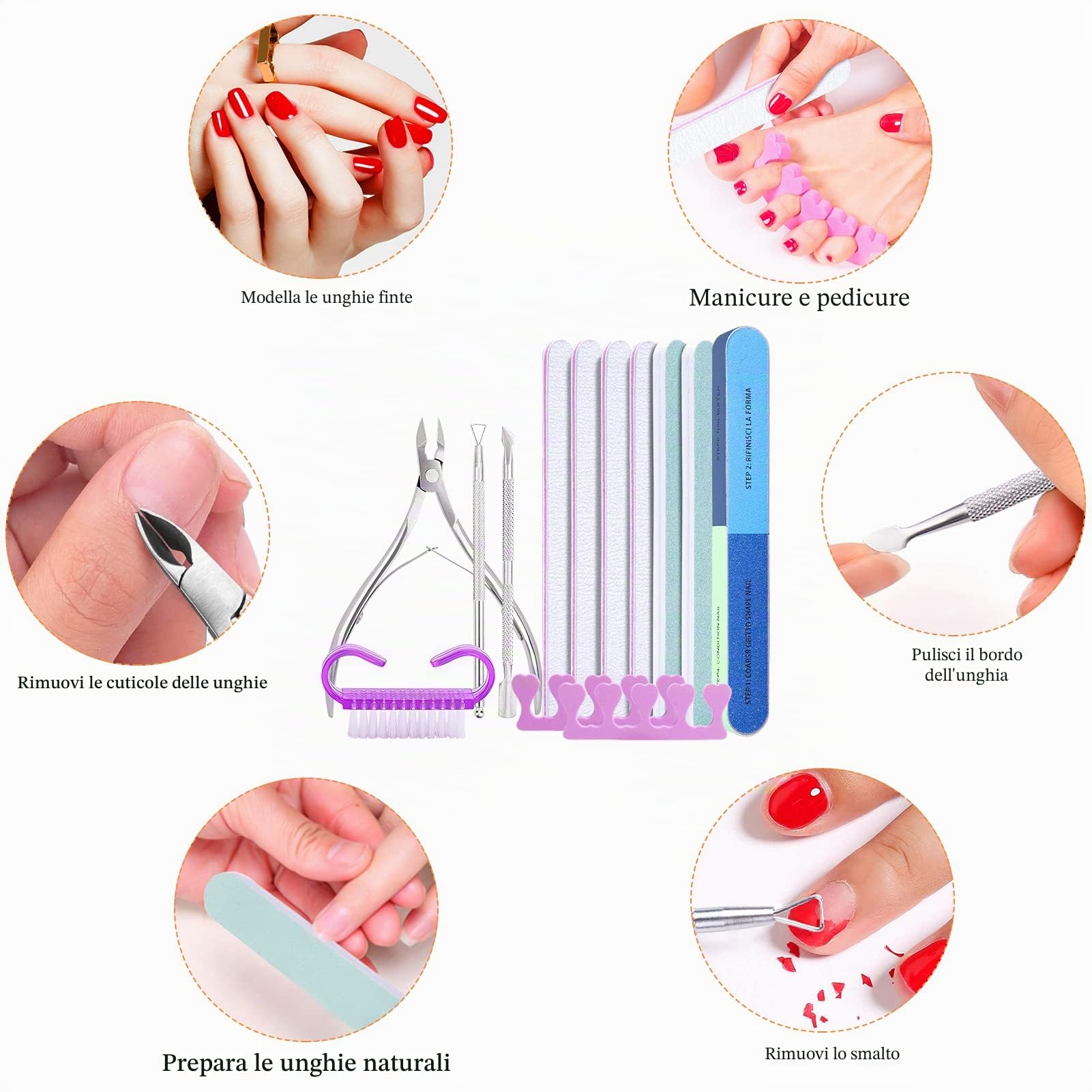 13pcs Lime e Buffer per Unghie, Spingi Cuticole Raschietto con Tronchesino per Unghie Professional e Spazzola Unghie per Manicure e Unghie Salone