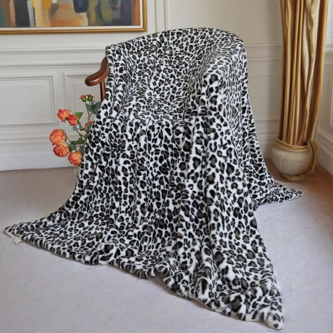 Velboa Super Soft Leopard Blanket Double Layer Bedding Thick Sofa Cover Furry Fuzzy Fax Fur Throw Blanket (Black and White,51 x 63 Inch)