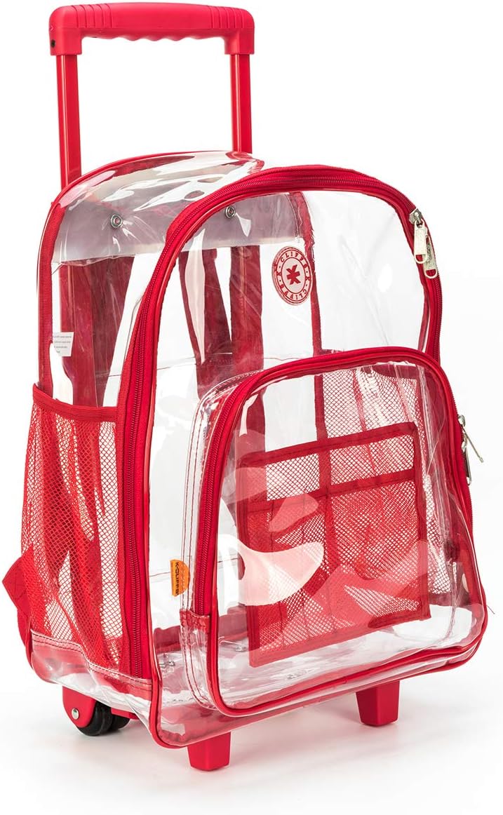 K-Cliffs Rolling Clear Backpack Heavy Duty Bookbag Quality See Through Workbag Travel Daypack Transparent School Bag w/Wheels