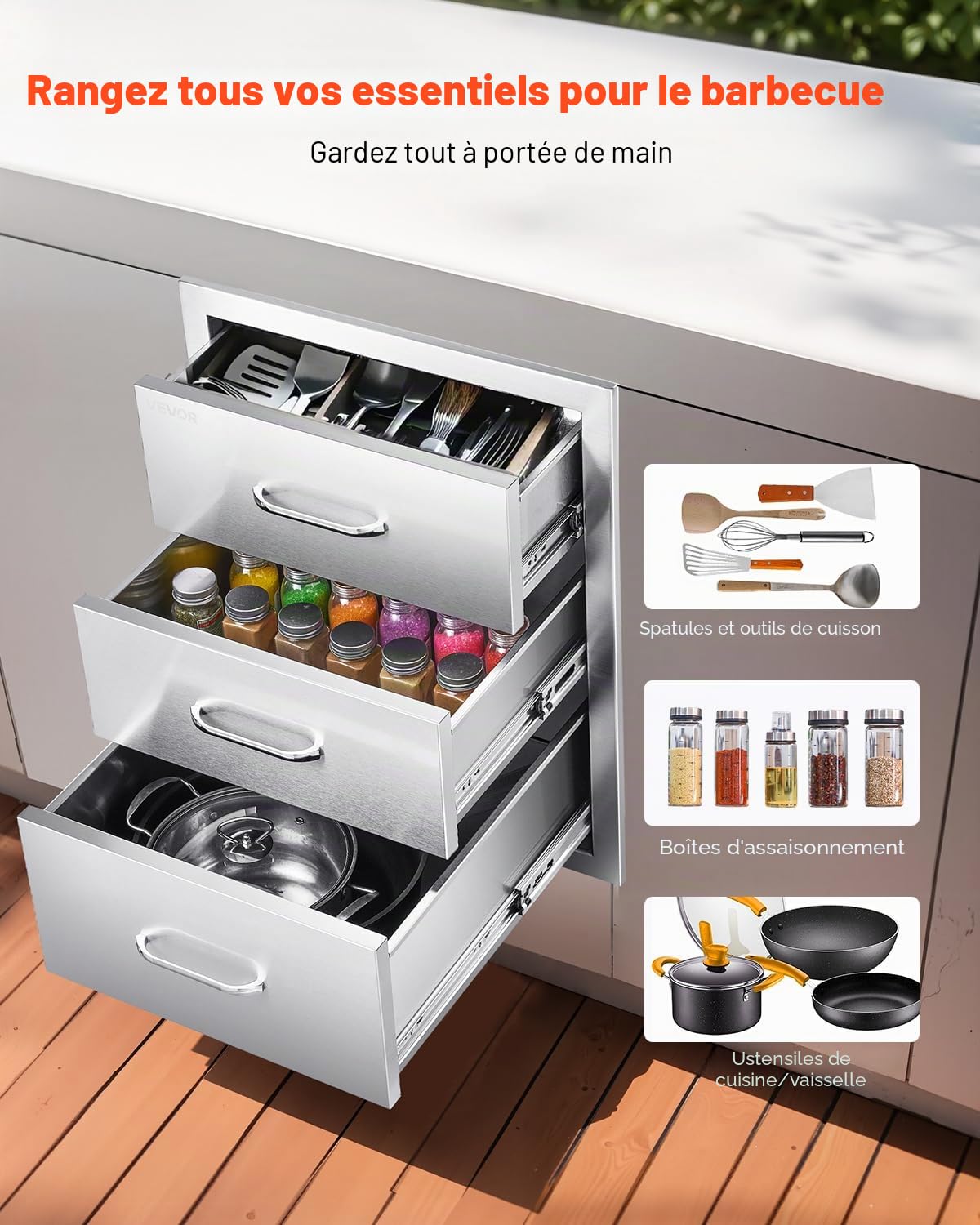 VEVOR Meuble Tiroir de Cuisine Extérieur LxPxH 46x59x59 cm, Module de Cuisine Extérieur avec 3 Tiroirs et Poignées, en Inox, Mobilier de Rangement pour Îlot de Barbecue en Plein Air, Terrasse