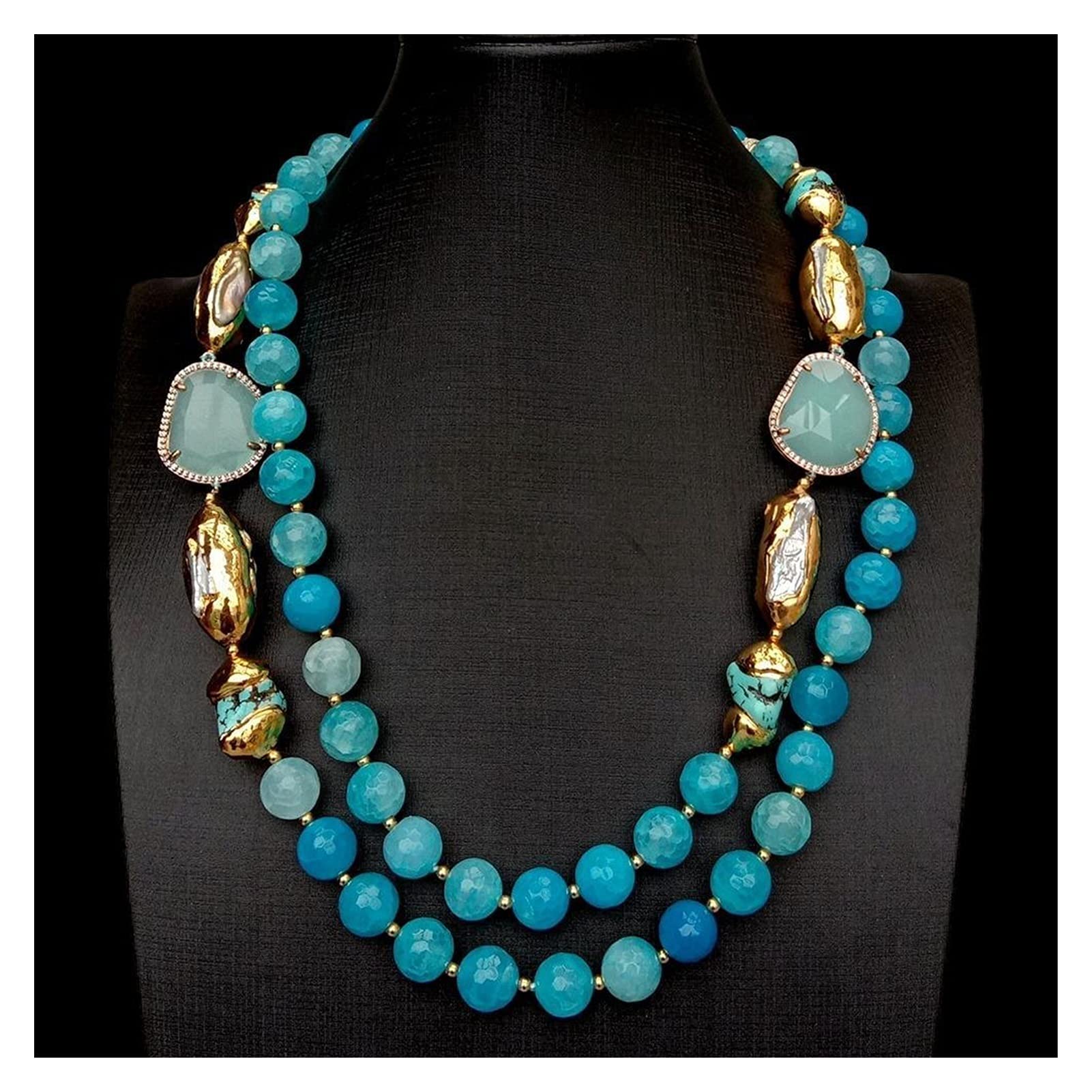 Collar 2 Filas Azul facetado ágata Turquesa cultivado Blanco Biwa Perla Cristal Moda Mujer joyería