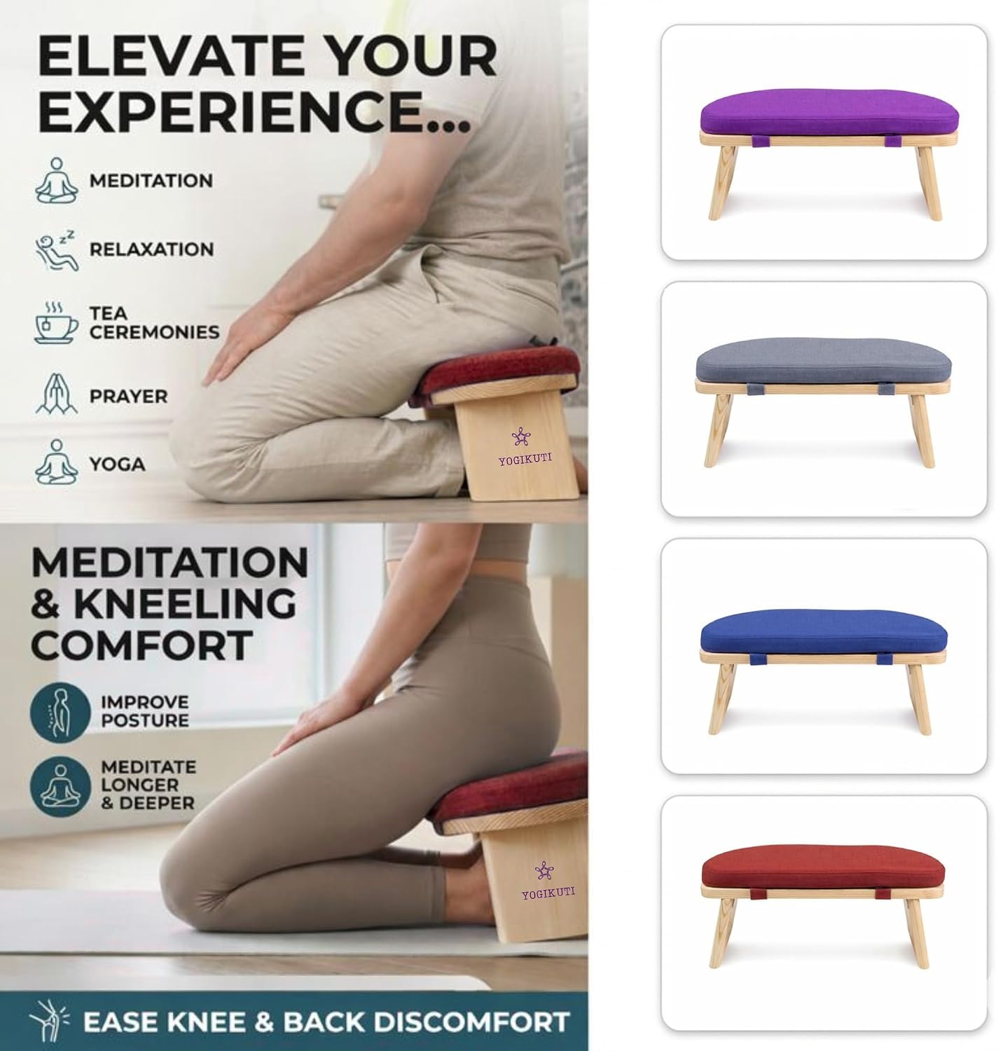 Yogikuti Folding Meditation Bench, Purple | Removable Cushion, Wooden Seiza Kneeling Stool, Ergonomic Meditation Seat, for Home & Yoga Studio, Comfortable Posture (Maroon)