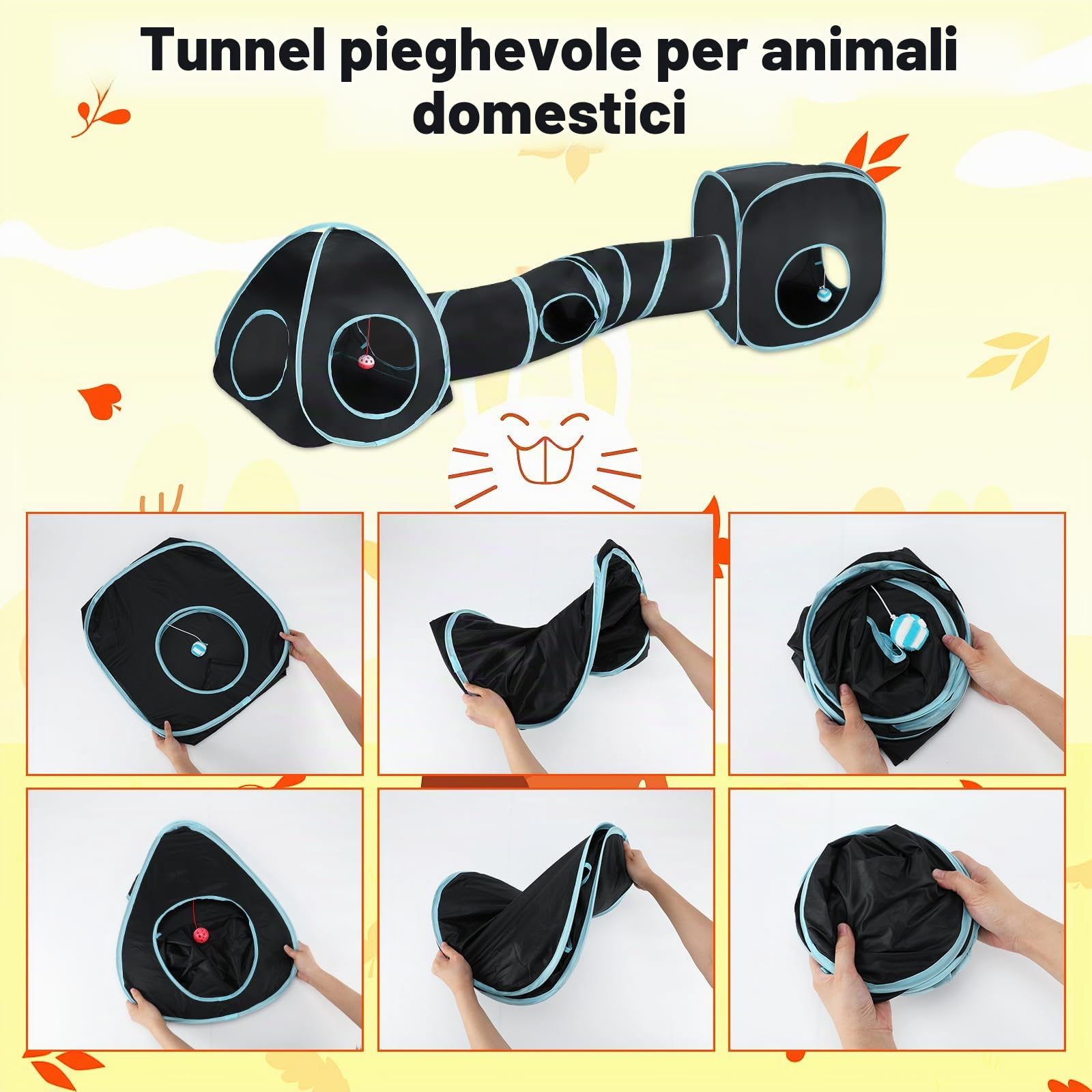Tunnel per Gatti Casetta Portatile 3 in 1 Gioco Gatto,Tubo Interattivo Pieghevole per Gatti e Cubi per Divertimento,Esercizio e Gioco(Blu Nero)