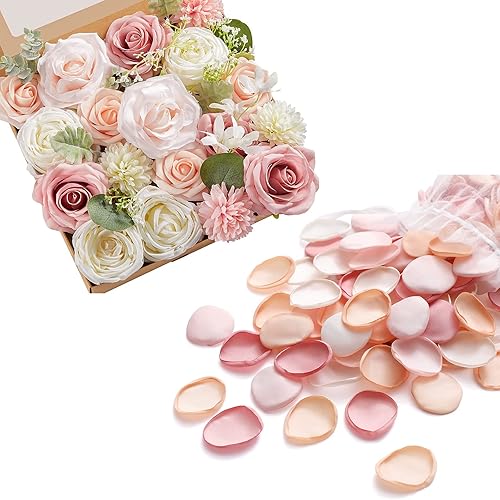 Serwalin Flores artificiales, ramos de novia de boda y 300 pétalos de rosa de seda, pétalos de flores para bodas, pétalos de oro rosa