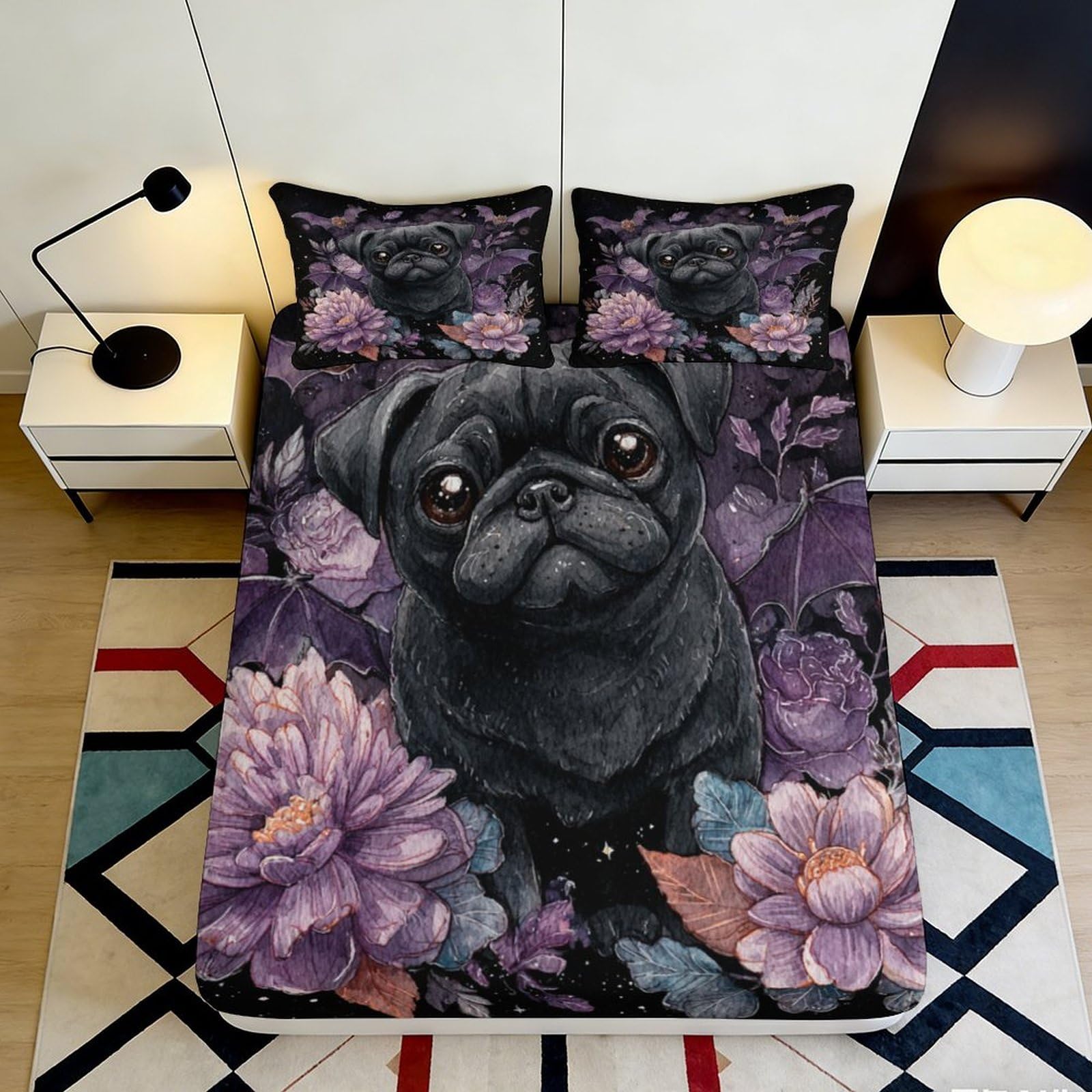 Pnayamiorkfel Style-2 3D Printed Black Pug Flower Fitted Sheet Microfiber Soft Decor Mattress Cover For Bedroom Guest Room Protection 90X200x25cm