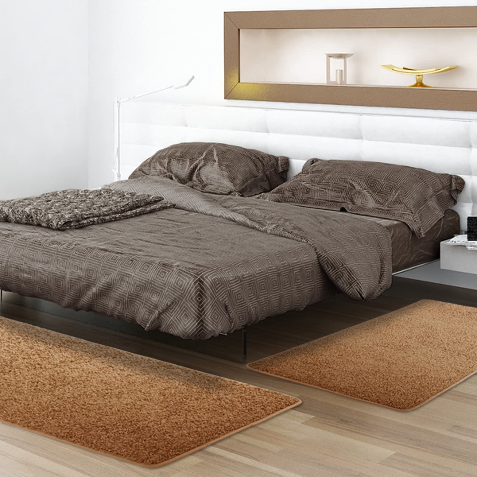 Shaggy-Bettumrandung Sphinx - 3-teiliges Läufer-Set für das Schlafzimmer - Hochflor Bettvorleger in vielen Farben (B: 67 cm | L: 1 x 240 cm + 2 x 140 cm, Beige)