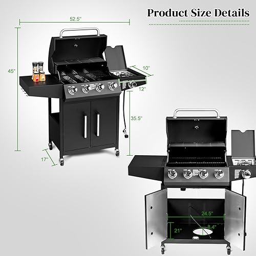 Miniatura 6 de Bonnlo Parrillas de propano de 4 quemadores con quemador lateral y rejillas esmaltadas de porcelana, parrilla de gas de 58000BTU con estante lateral