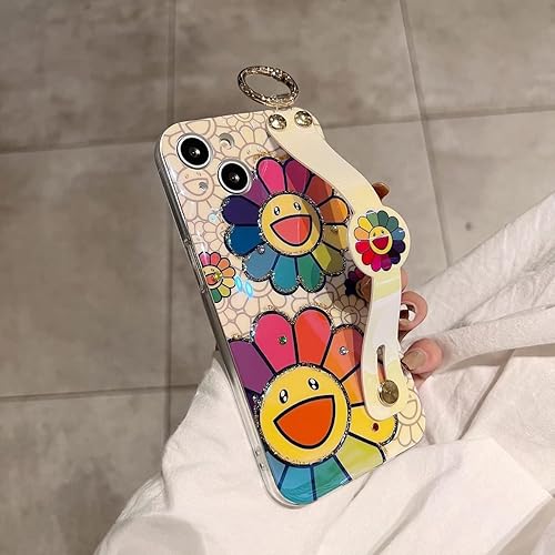 Miniatura 5 de Funda para iPhone 15 Plus con correa para la muñeca, atril con purpurina brillante de dibujos animados IMD de silicona TPU a prueba de golpes para