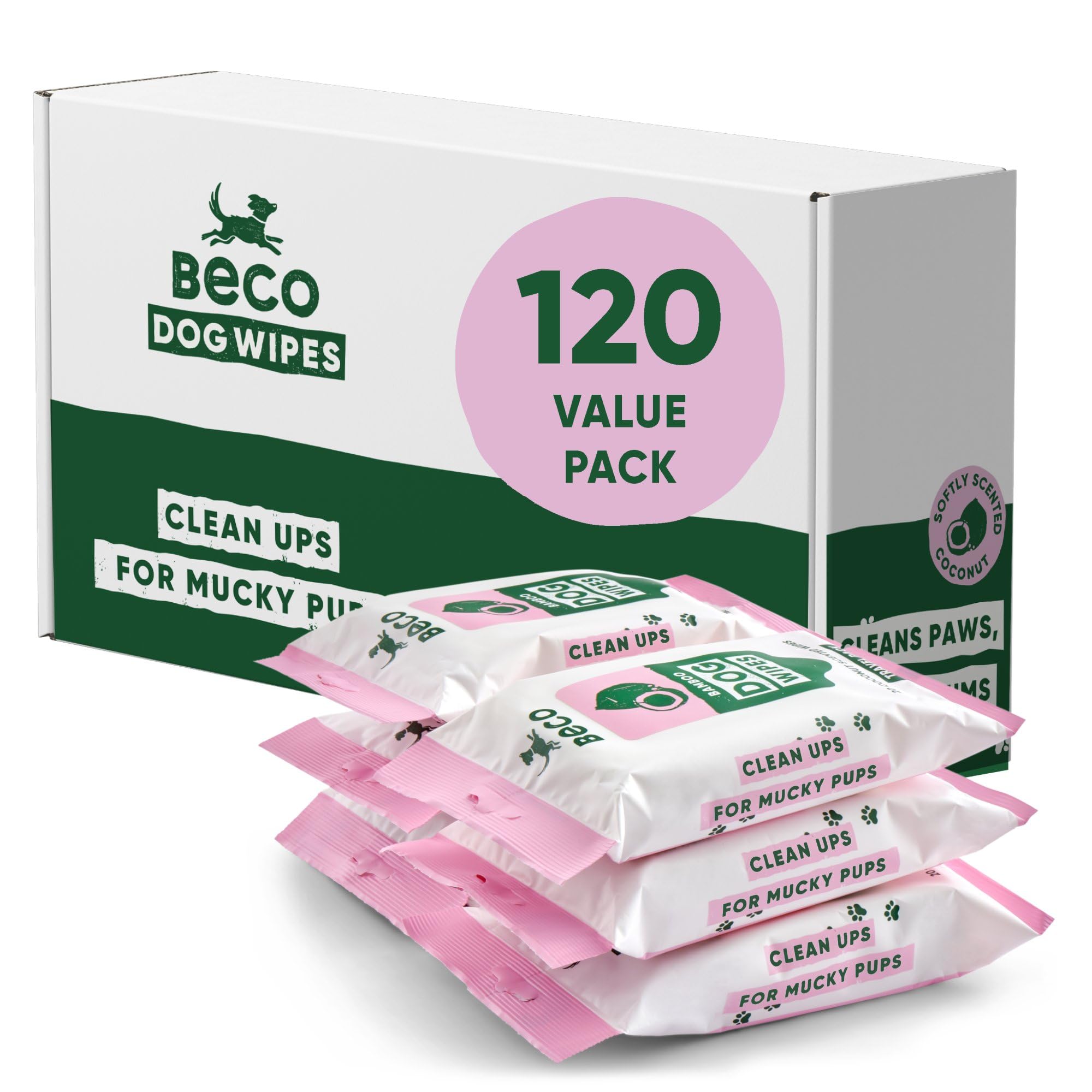 Beco Dog Wipes - 6 Travel Packs of 20, Coconut Scented, For Paws, Body & Bum, Plant-Based Grooming Wipes