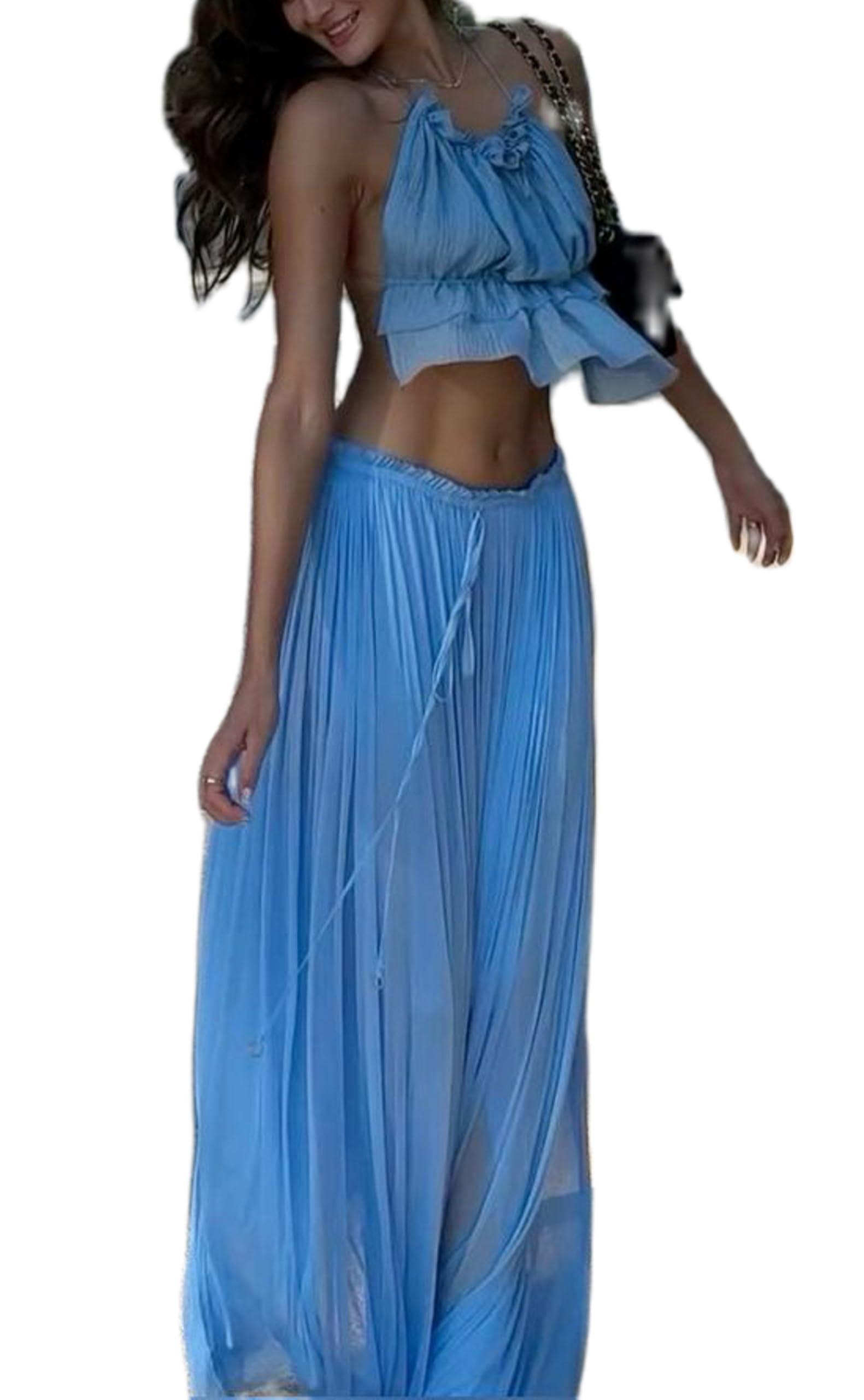 Women 2 Piece Maxi Skirt Sets Backless Ruffled Peplum Halter Top Pleated Long Skirt Boho Vacation Beach Outfits
