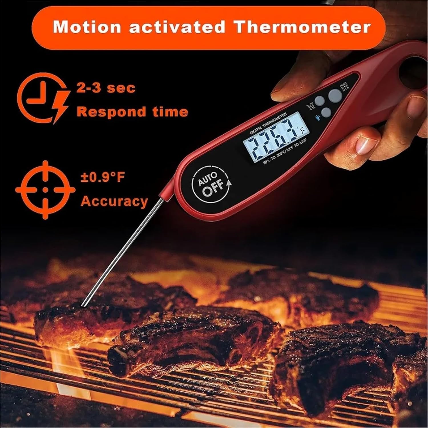 Instant Read Digital Meat Thermometer with Foldable Probe 58F572F 1 Accuracy Waterproof Magnetic Back LCD Display for BBQ Bakin