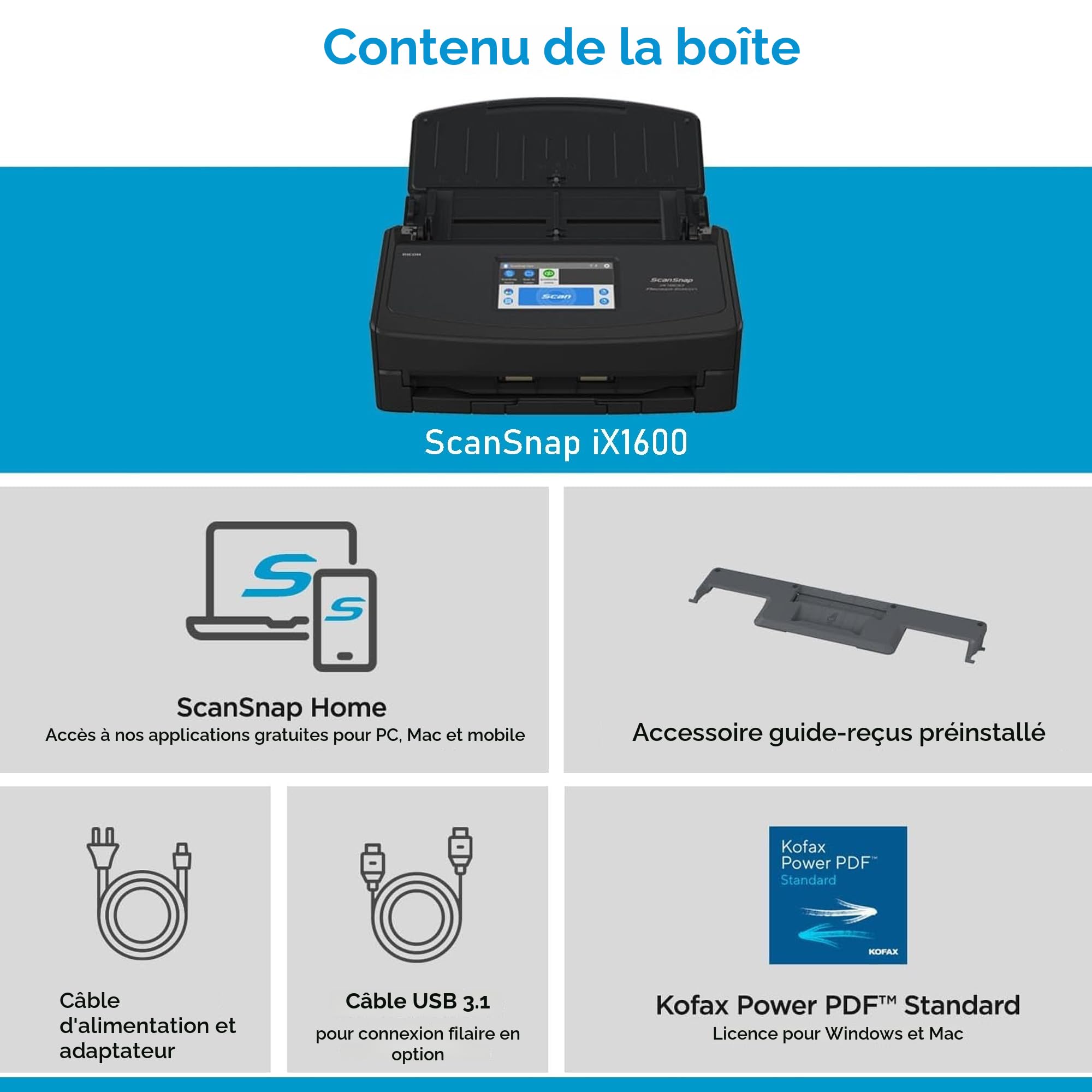 ScanSnap iX1600 Noir Scanner de Documents - 5GHz - Recto Verso, ADF, A4, Wi-FI, sans Fil, USB 3.2