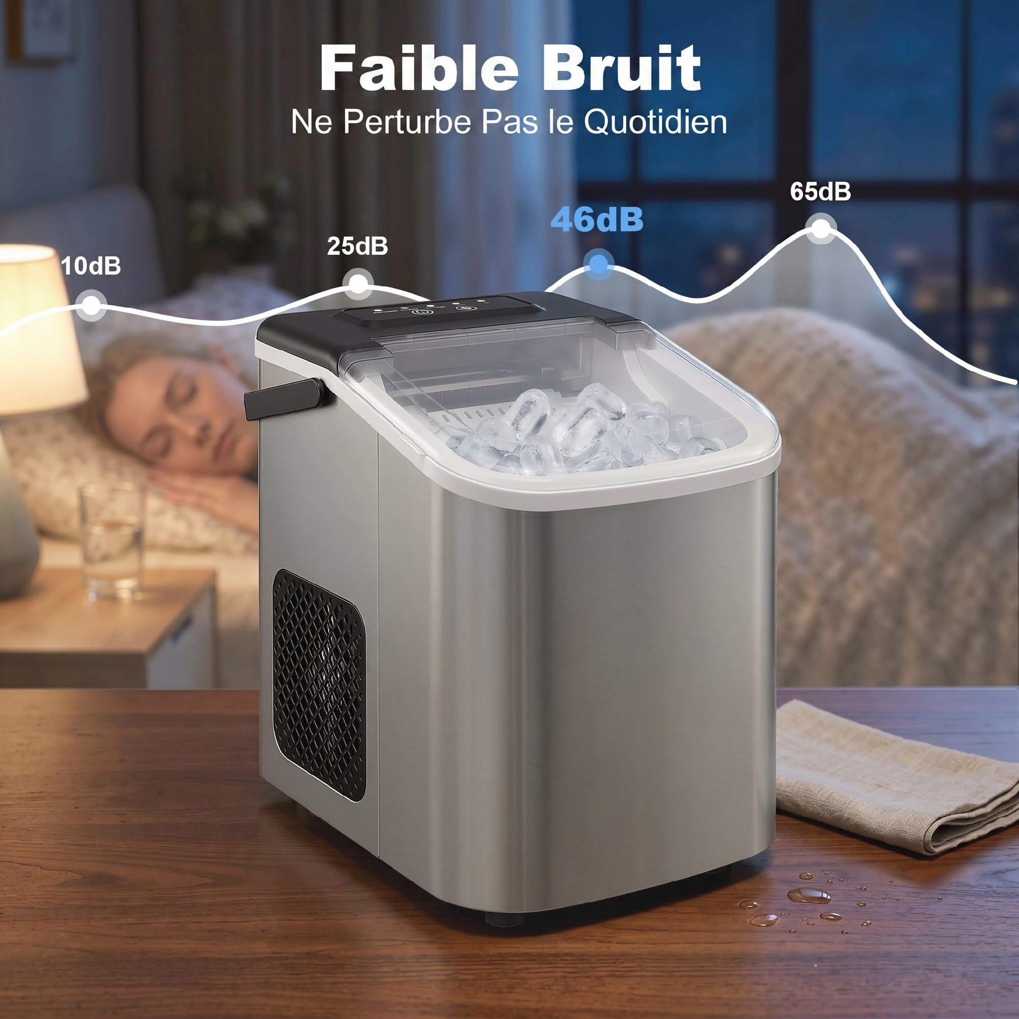 HOMCOM Machine à glaçons, 12kg en 24h, 9 glaçons en 7 minutes, ice maker portable avec fonction autonettoyante, panier et pelle, machine à glaçons pour maison, cuisine, bureau, bar, argent