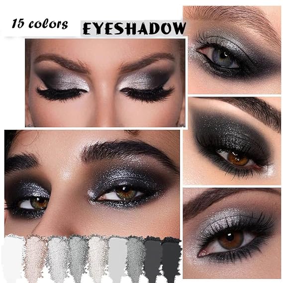Black Smoky Eye shadow Palette, 15 Colors Black Dark Grey Smokey Goth Eyeshadow Pallet, Matte High Pigmented Basic White Gray Eyeshadow For Woman
