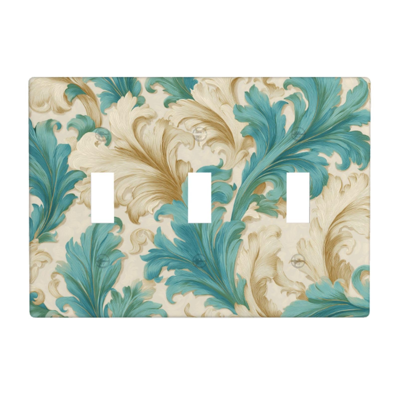 Woshuwo White Vintage Acanthus Leaves Teal Gold Beige Light Switch Covers 3 Gang Triple Toggle Wall Plate Switchplate Electrical Faceplate For Bathroom Kitchen Bedroom Decor
