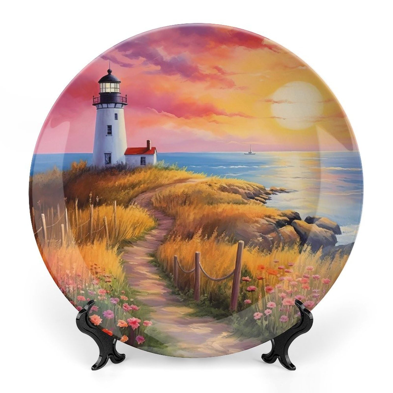 Gokays Summer Decorative Plates for Home Party, Colorful Lighthouse and Wildflower Decor Tray for Table Display, Ceramic Dinner Plate W/Stand, Living Room Decor, Summer Party Supplies, 7 Inch