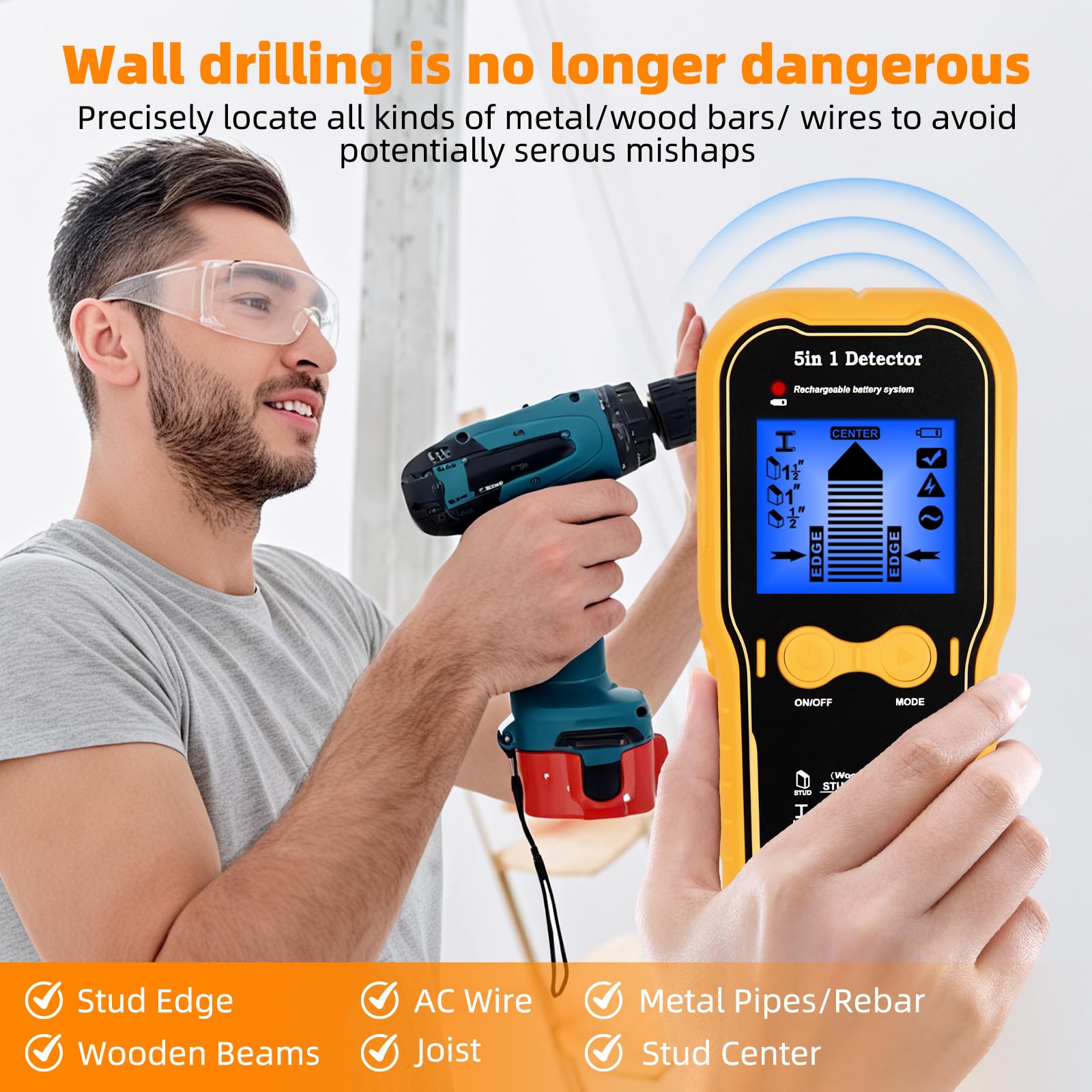 Wiederaufladbarer 5-in-1 Stud Finder Wandscanner – LCD Display & akustisches Signal, Balkensucher für Holz, Metall & Stromkabel, USB Wanddetektor für TV-Montage, Regale & Heimwerker