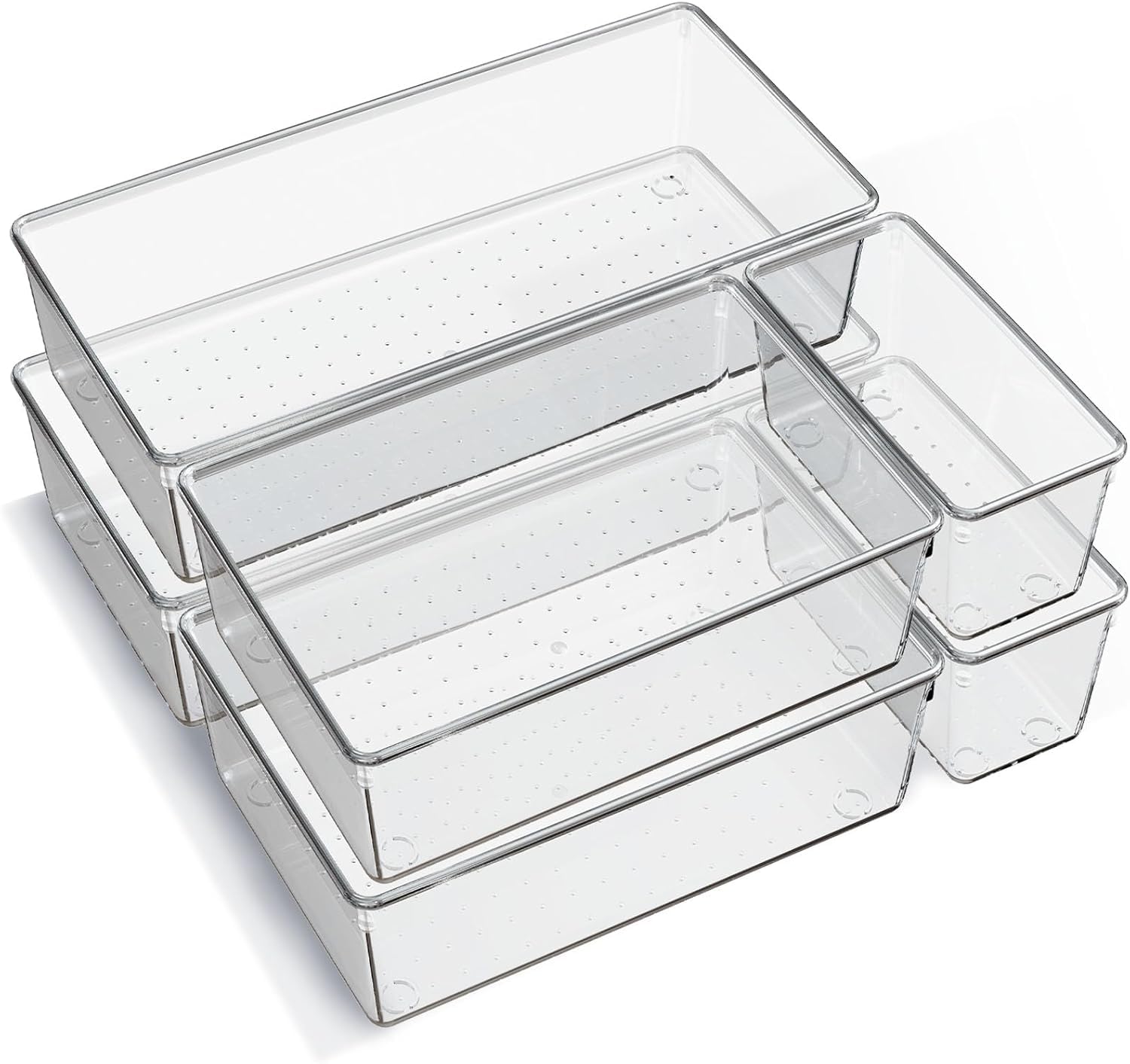 Purfex 6-Pack Clear Plastic Drawer Organizer Trays – Large 3 Sizes Drawer Organiser Set for Make-up, Kitchen, Bathroom, Makeup Utensils & Office