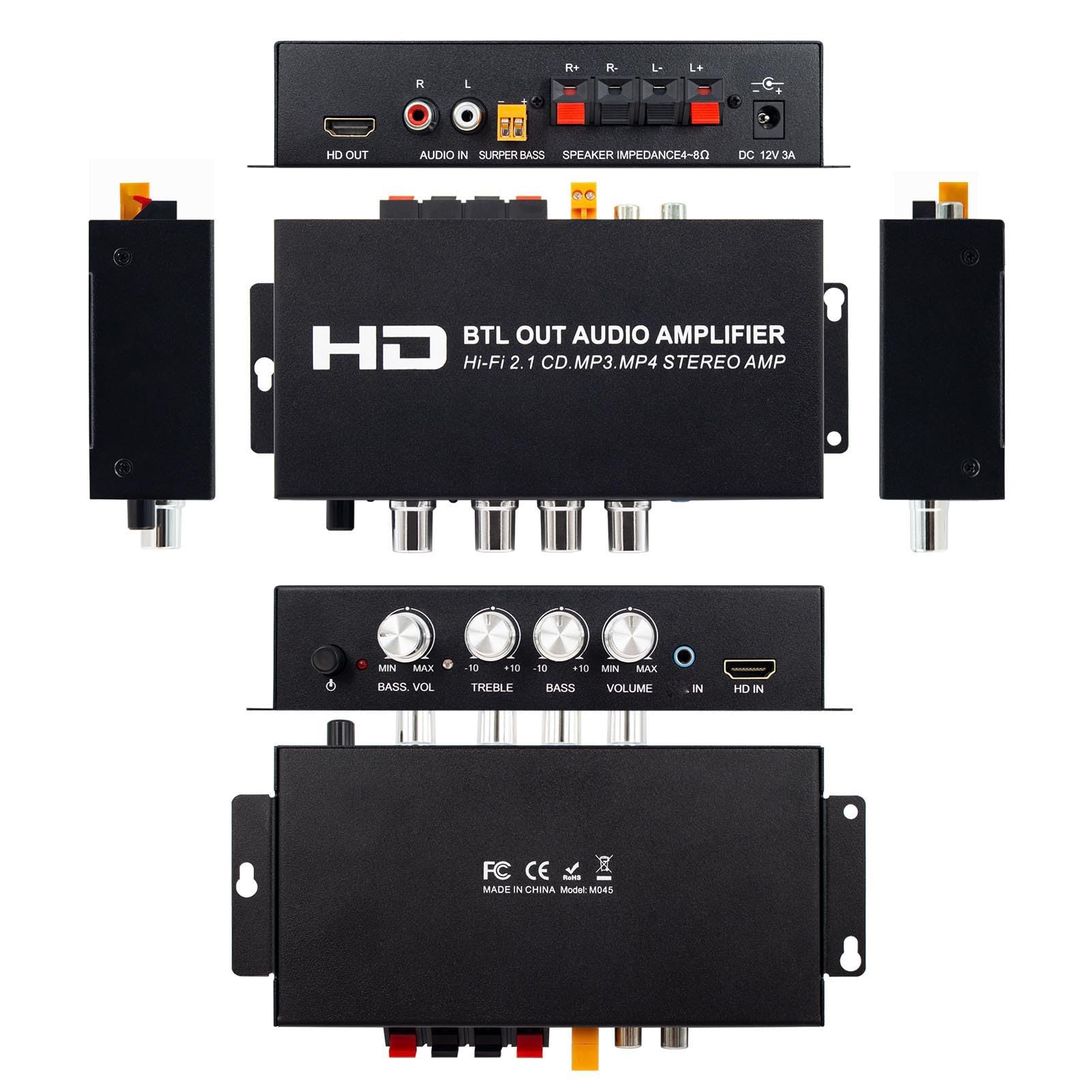 Amplificador Estéreo Bluetooth M045, Receptor de Sonido 2 Canales HiFi, Potencia 2x80W, Entrada HDMI y AUX, para Cine en Casa Karaoke Altavoces