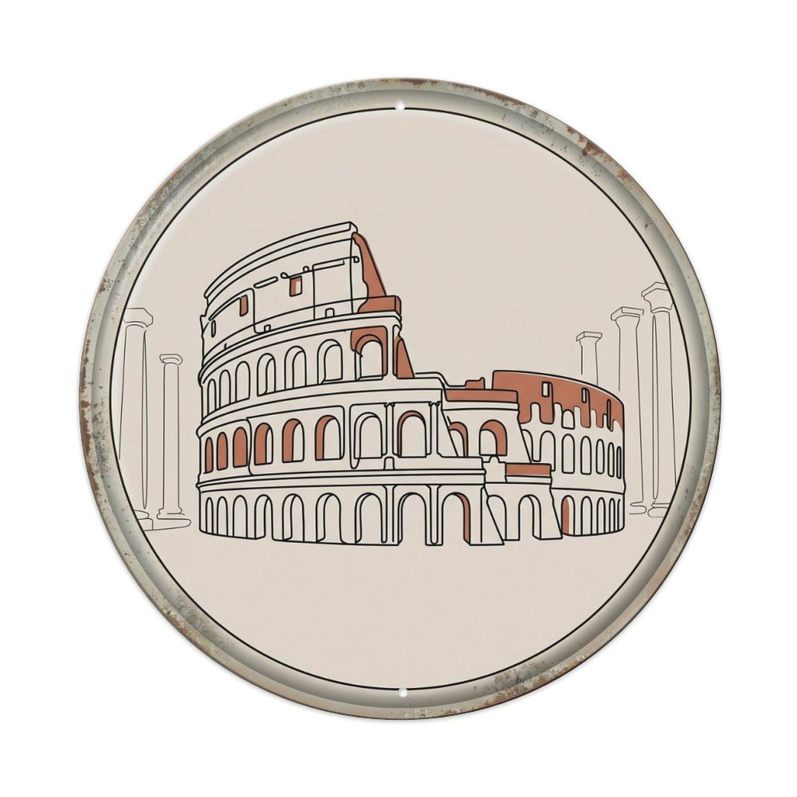 Colosseum Minimalist Forum Travel Metal Tin Sign Plaque Wall Decor for Cafe, Club, Garden Round Metal Poster 8x8Inch