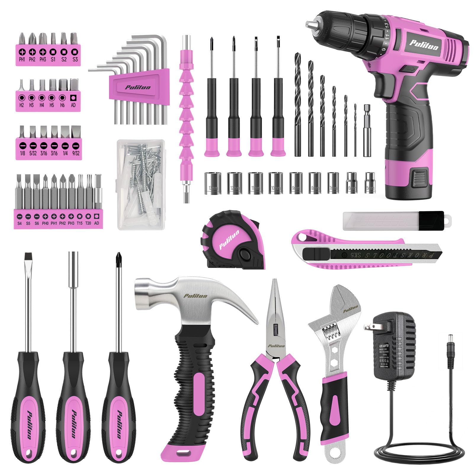 PULITUO Set di trapani, 149 pezzi, set di utensili per la casa con trapano a batteria rosa da 12 V, cassetta degli attrezzi, kit di utensili manuali per donne e uomini e appassionati di fai da te, per