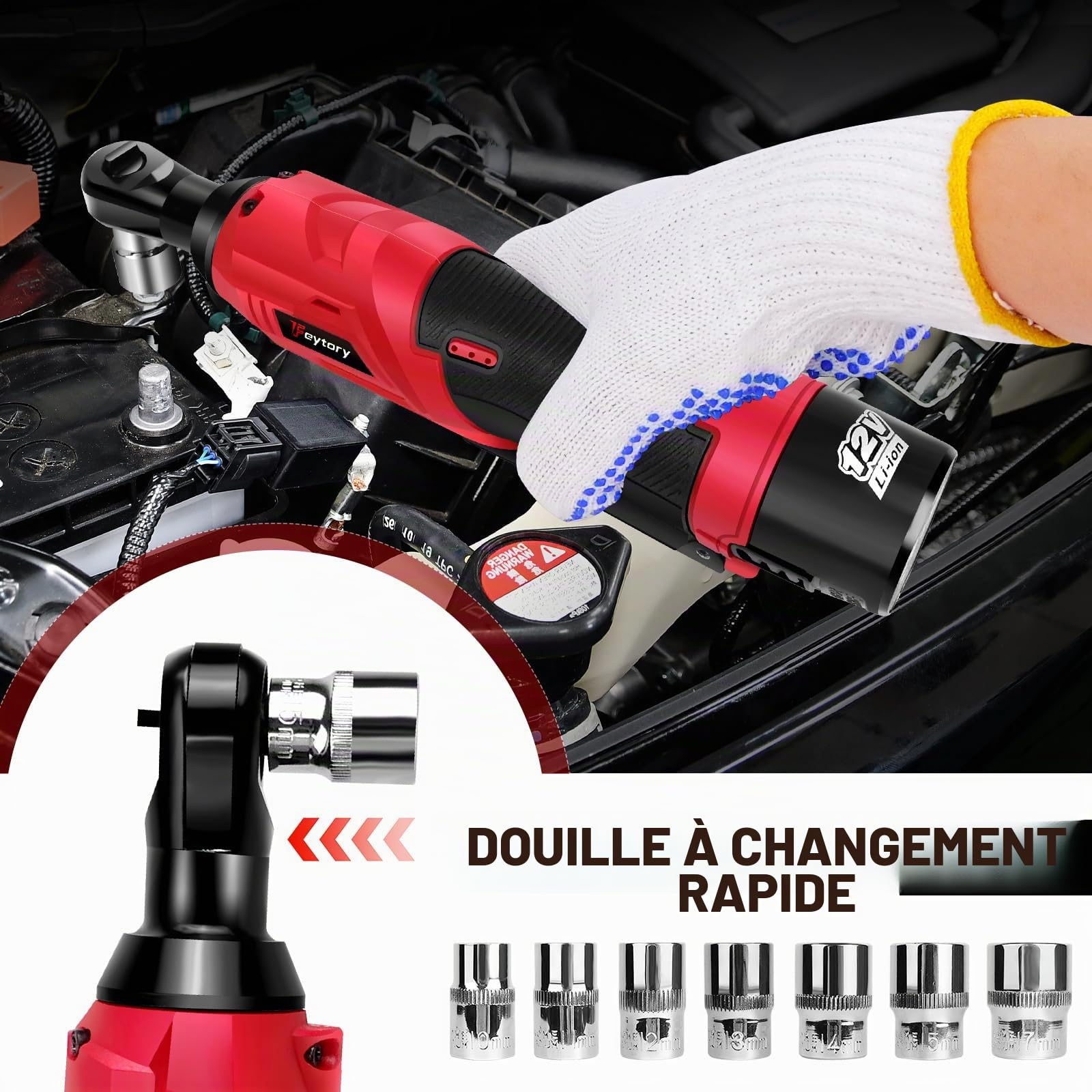 Clé à cliquet sans fil 40 N.m avec 2 batteries de 2000 mAh et charge rapide, clé à cliquet électrique, clé à cliquet sans fil 3/8" avec 7 douilles, pour réparation automobile et entretien des
