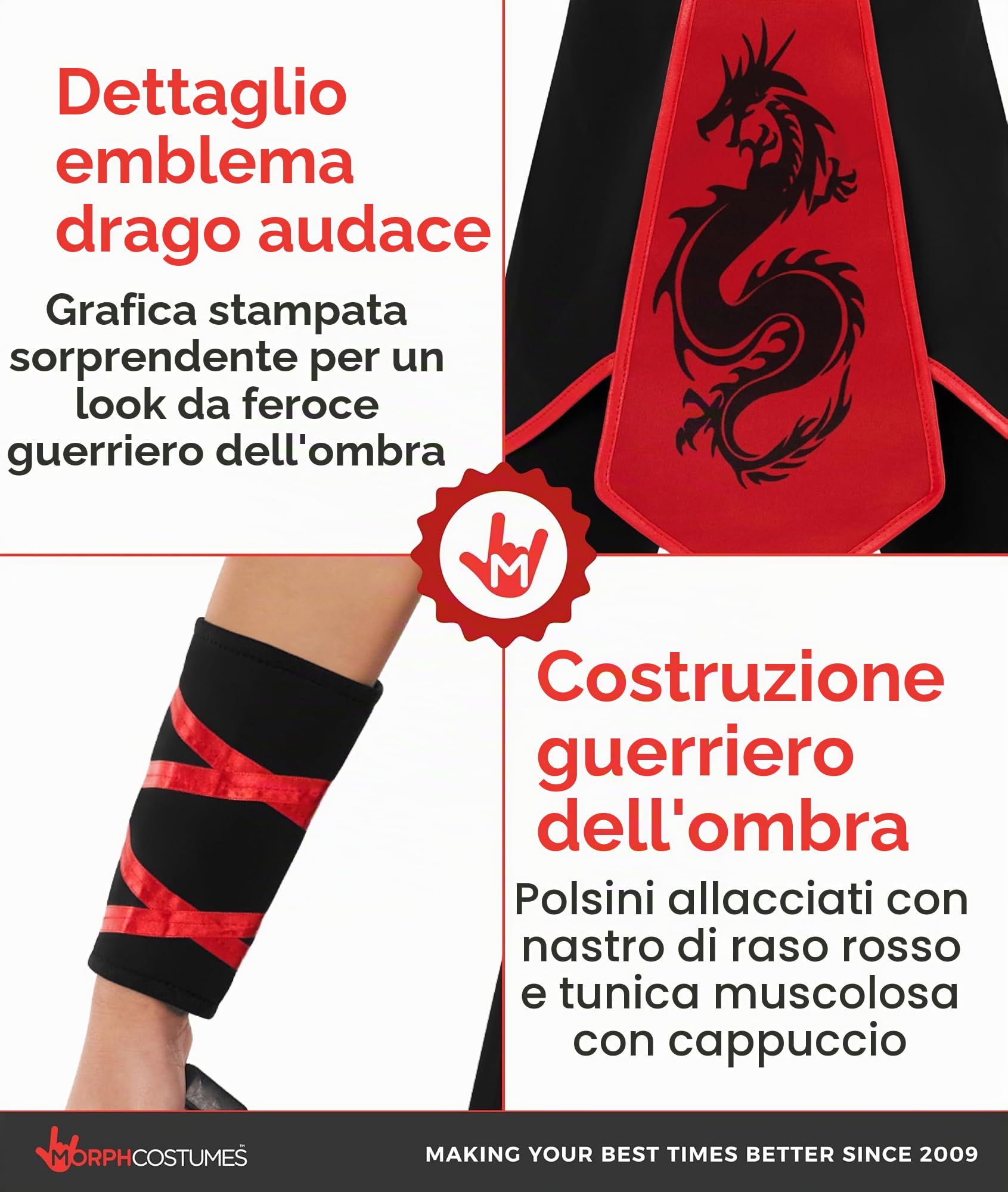 Morph Costume Ninja Bambino, Costume Halloween Bambino | Tunica con Cappuccio, Polsini, Maschera & Pugnali, Look da Ninja, Perfetto per Halloween, Ideale per il Gioco di Ruolo