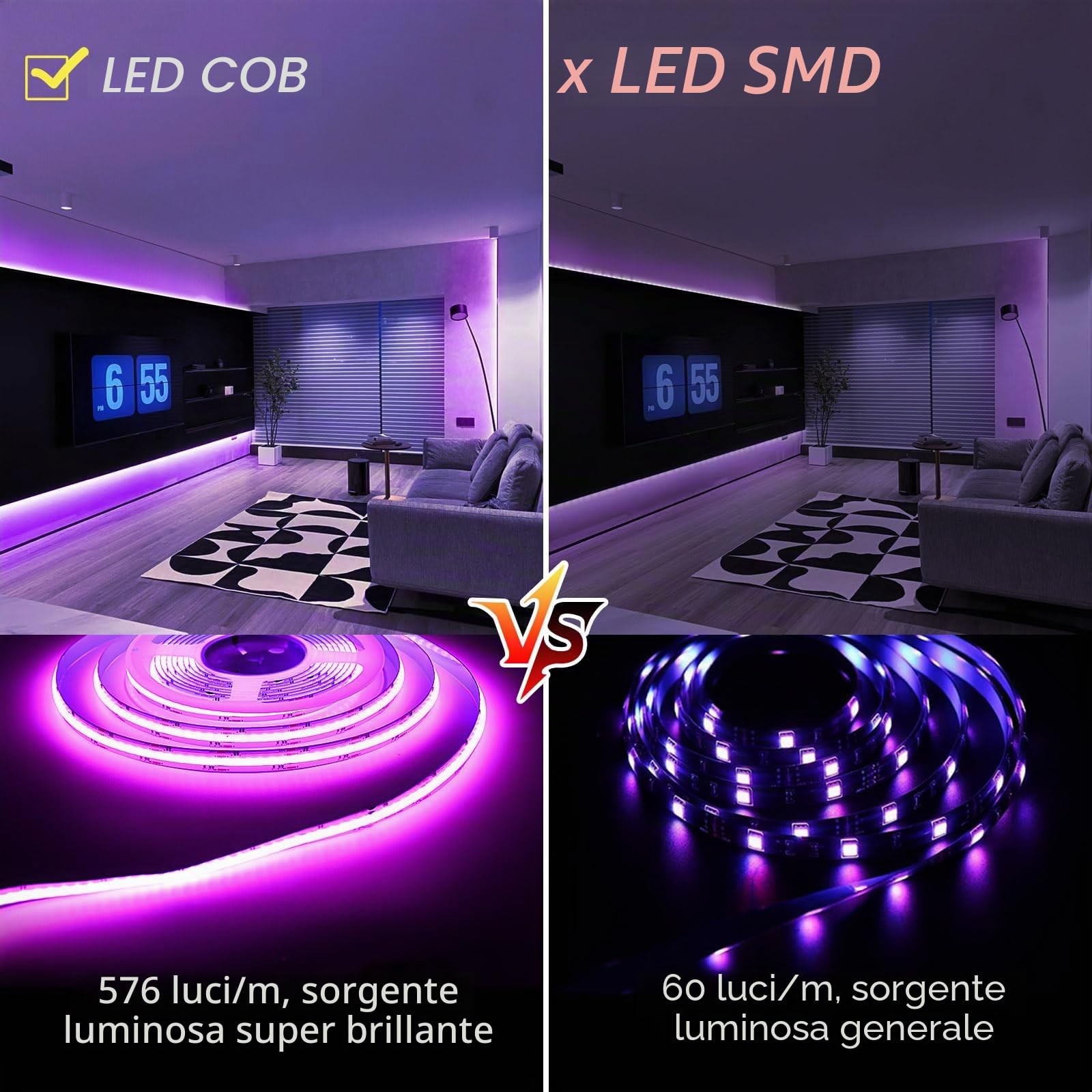 Striscia LED COB 10 m 576 led RGB, WiFi Striscia LED 24 V 5 A App & Telecomando Controllo, Striscia luminosa Compatibile con Alexa e Google Home, Decorazione per la casa cucina Television