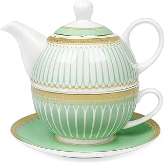 fanquare Tea for One with Gold Trim, Green Teapot Set for Adults, Ceramic Coffee