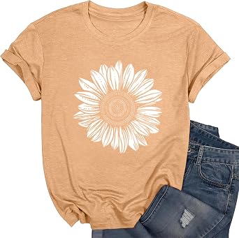 قمصان نسائية فضفاضة برسومات زهور، قمصان صيفية قصيرة الأكمام برسومات عباد الشمس، قمصان بوهو كاجوال