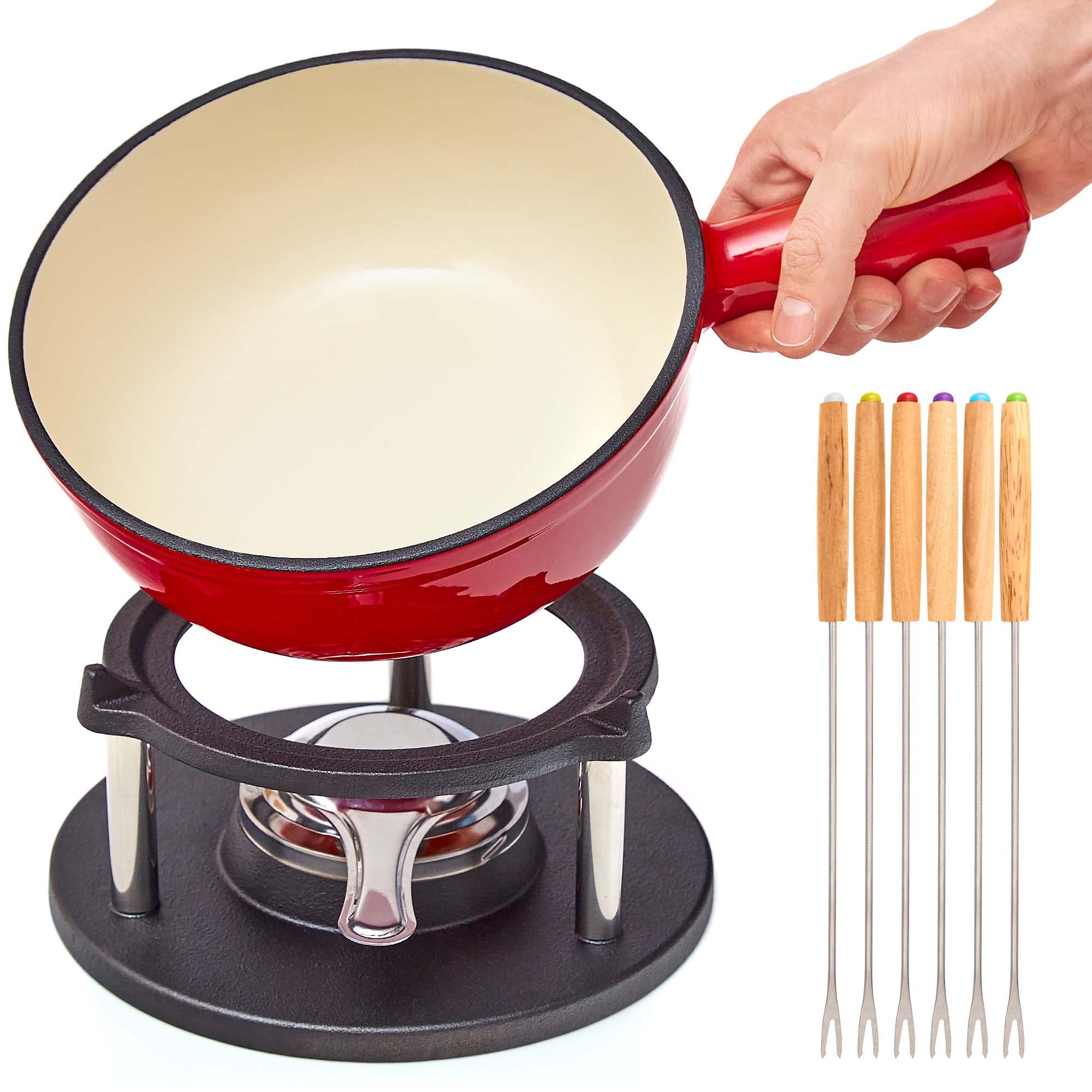 Juego de Fondue de Hierro Fundido para 6 Personas | 2 litro | Juego de Fondue de 9 Piezas | esmaltado Adecuado para Fondue de Queso Fondue de Chocolate para Fondue de Carne