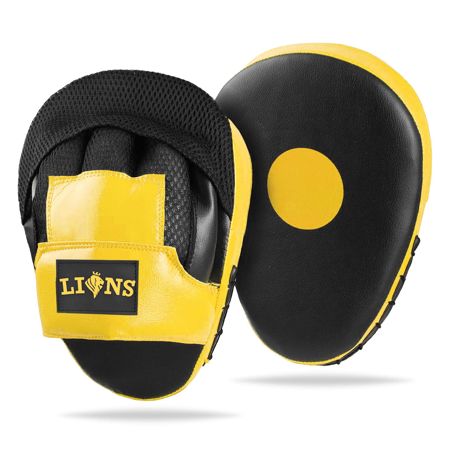 Lions Curved Focus Pads Hook & Jabs Gloves Punch Bag Mitts Boxing MMA Kick Training (Mesh Yellow) โ image 1