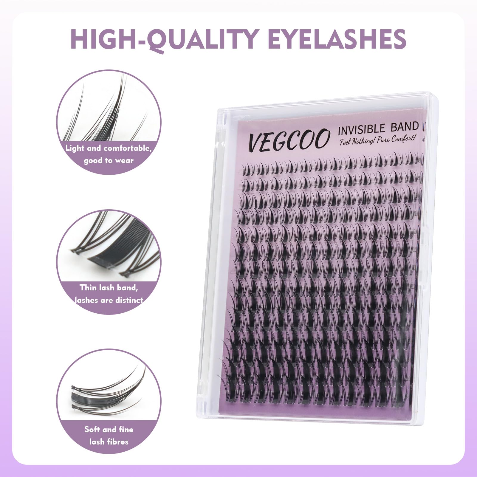 VEGCOO Faux Cils Individuels Noirs 8-16mm C Curl, Extension Cils Kit Style Manga Volume, Cluster Lashes Bande Transparente Invisible avec Outils