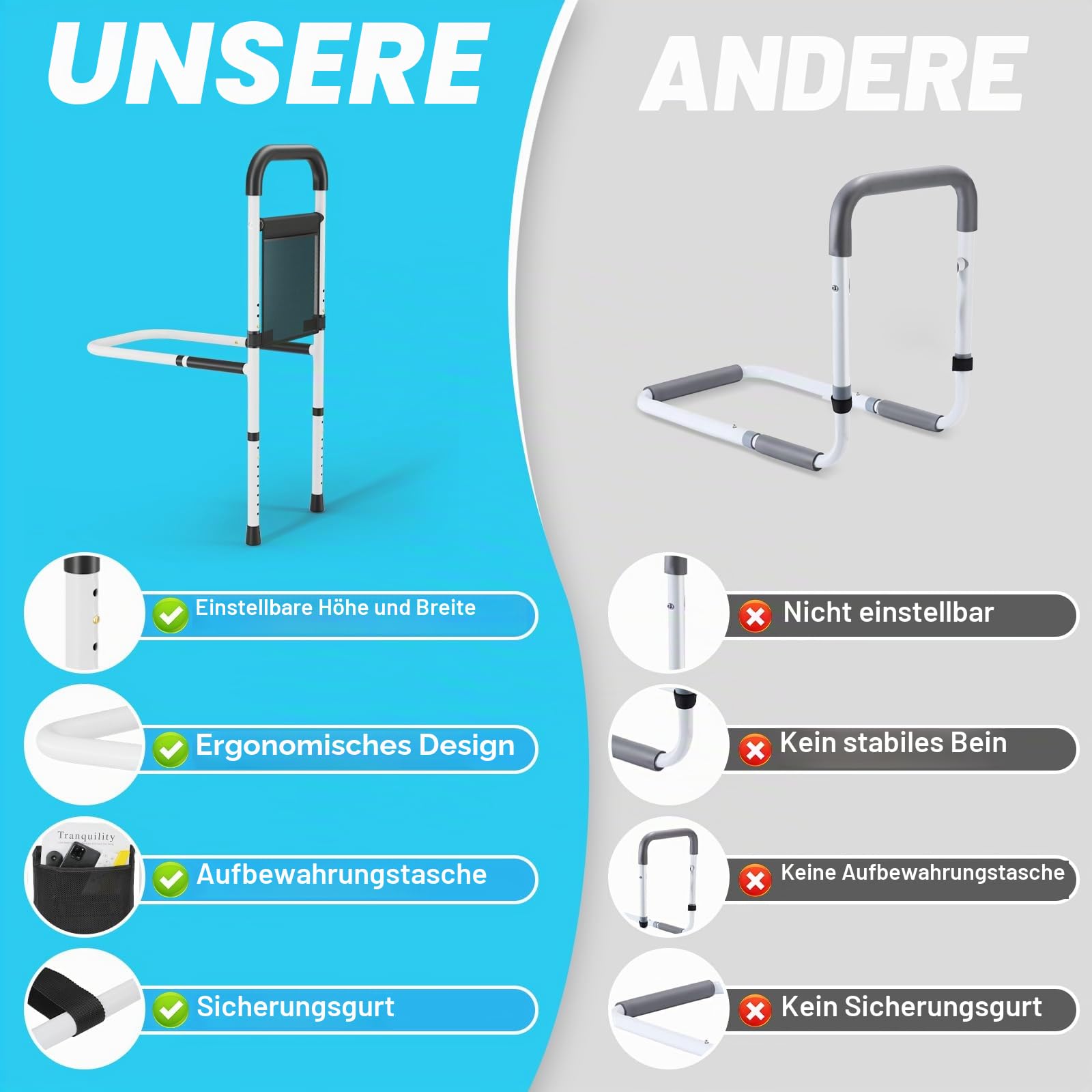 LIFERUN Bett Aufstehhilfe für Senioren, Höhenverstellbarer Haltegriff