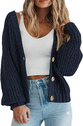  Women's Chunky Knit Open Front Sweater Long Sleeve Button Loose Short Cardigan Outerwear Coats