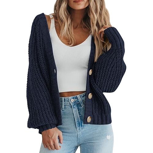 PRETTYGARDEN Women's Chunky Knit Open Front Sweater Long Sleeve Button Loose Short Cardigan Outerwear Coats