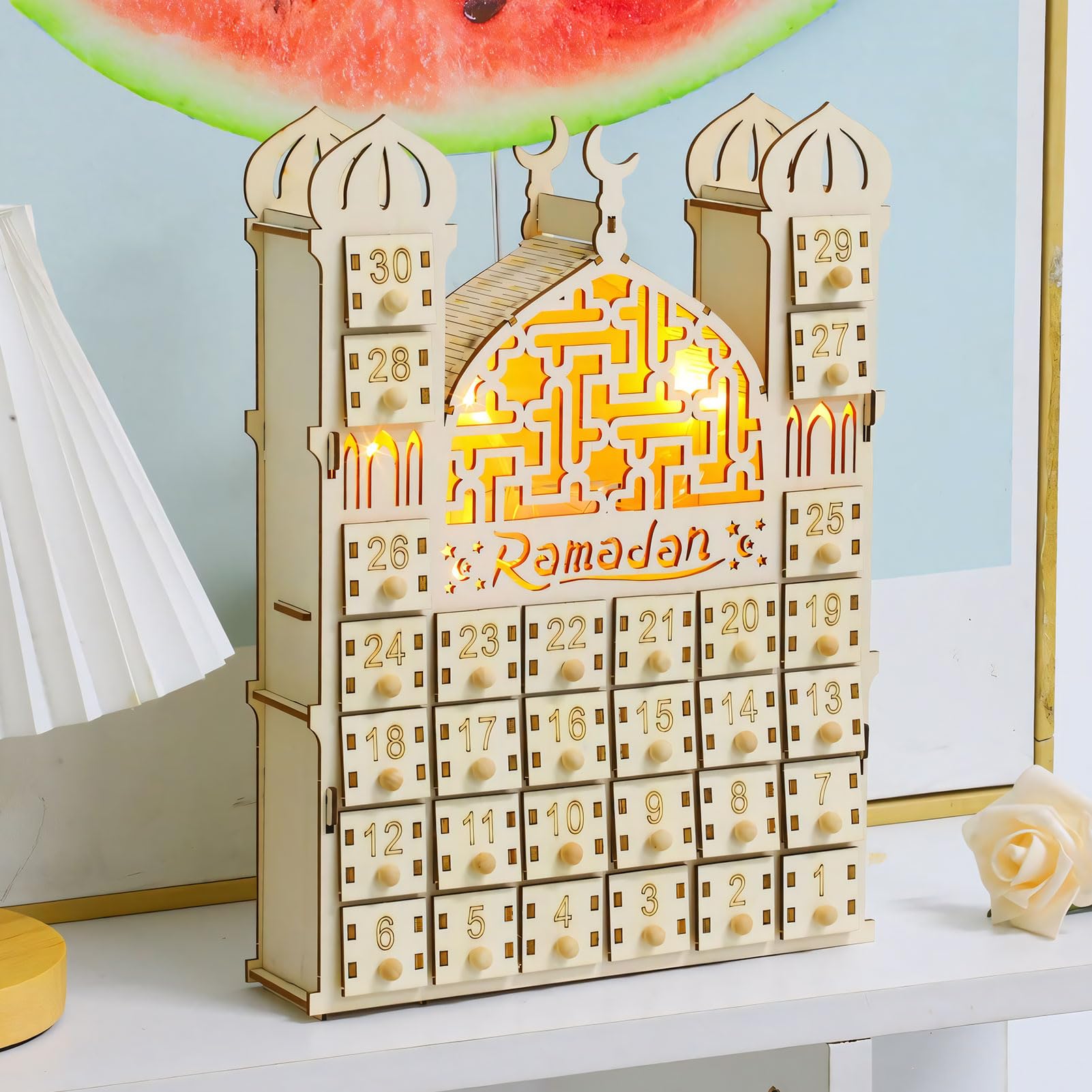 Ulikey Ramadankalender Zum Befüllen – Mit 30 Stofftaschen & LED-Lichterkette, 70x110 Cm, Für Ramadan-Dekoration