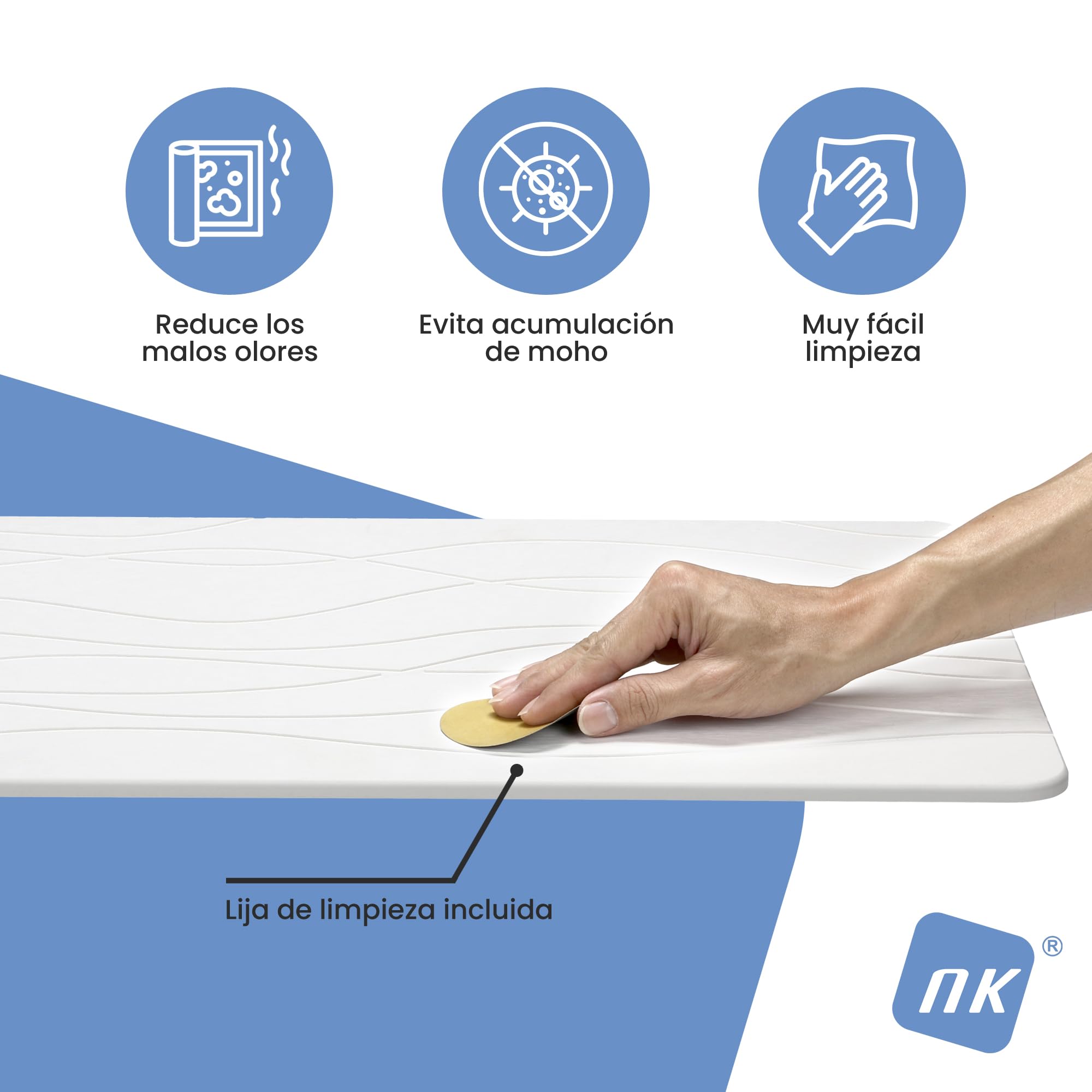 NK Alfombra Diatomita Baño 60 x 40 cm - Alfombrilla de Piedra Super Absorbente, Secado Rápido y Antideslizante para Ducha, Stone Bath Mat (Blanco)
