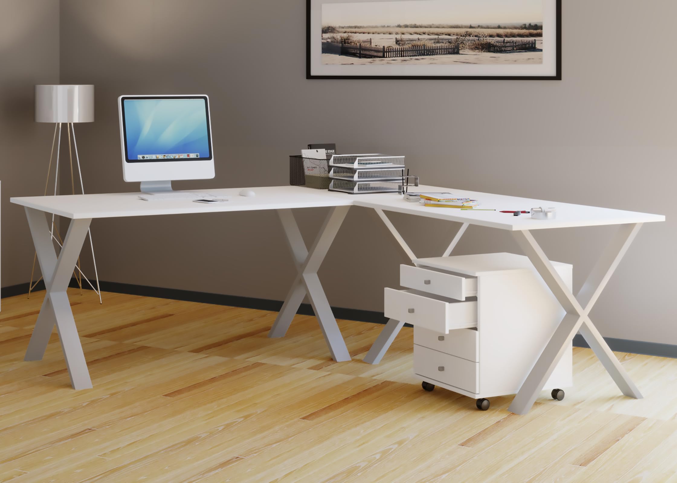 VCM Holz Schreibtisch | Eckschreibtisch Schlicht | 190x160 | L Form Links Oder rechts | Arbeitstisch Platte 80 cm Tief | Computertisch Büromöbel - Lona X Silber/Weiß