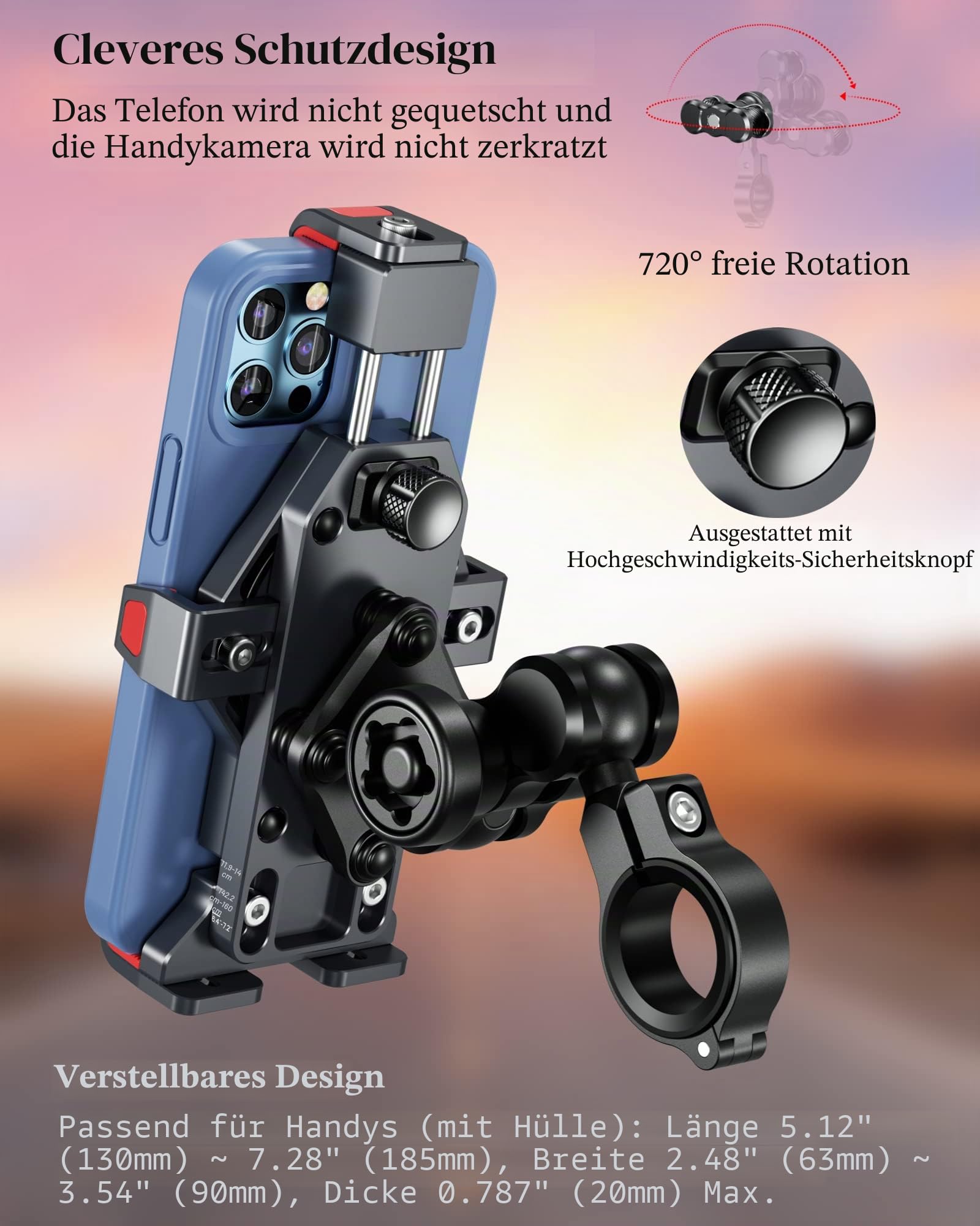 BRCOVAN Aluminiumlegierung Motorrad Handyhalterung mit Vibrationsdämpfer, Diebstahlsichere Handy Motorradhalterung, Verstellbar Lenker Handyhalter für Fahrrad, Roller, ATV, für 4,7-7,2 Zoll Smartphone