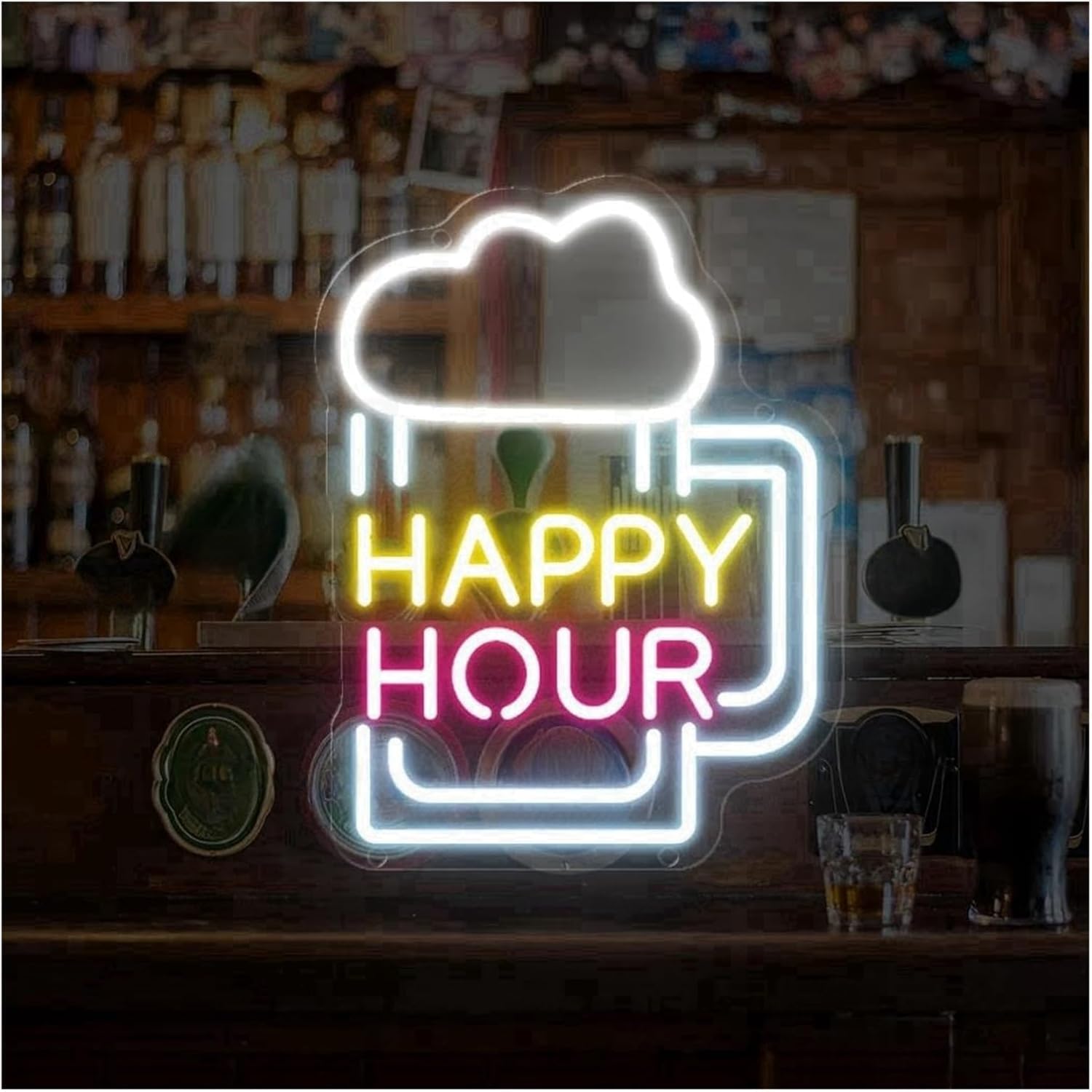 Insegna al neon con luci lettere Happy Hour dimmerabili per decorazioni murali per feste 24,3 cm x 32